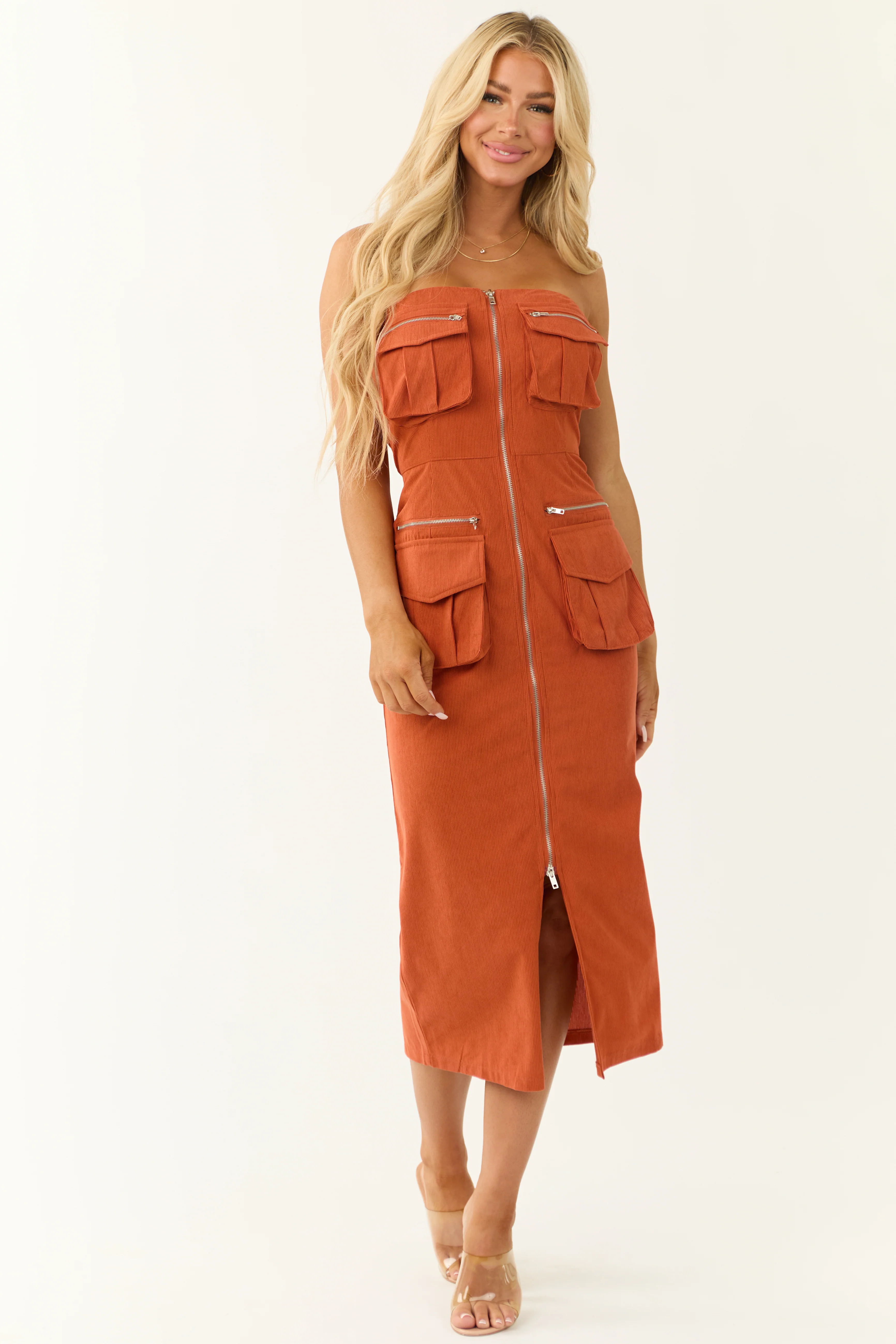 Tawny Strapless Cargo Zip Up Front Midi Dress - Image 4