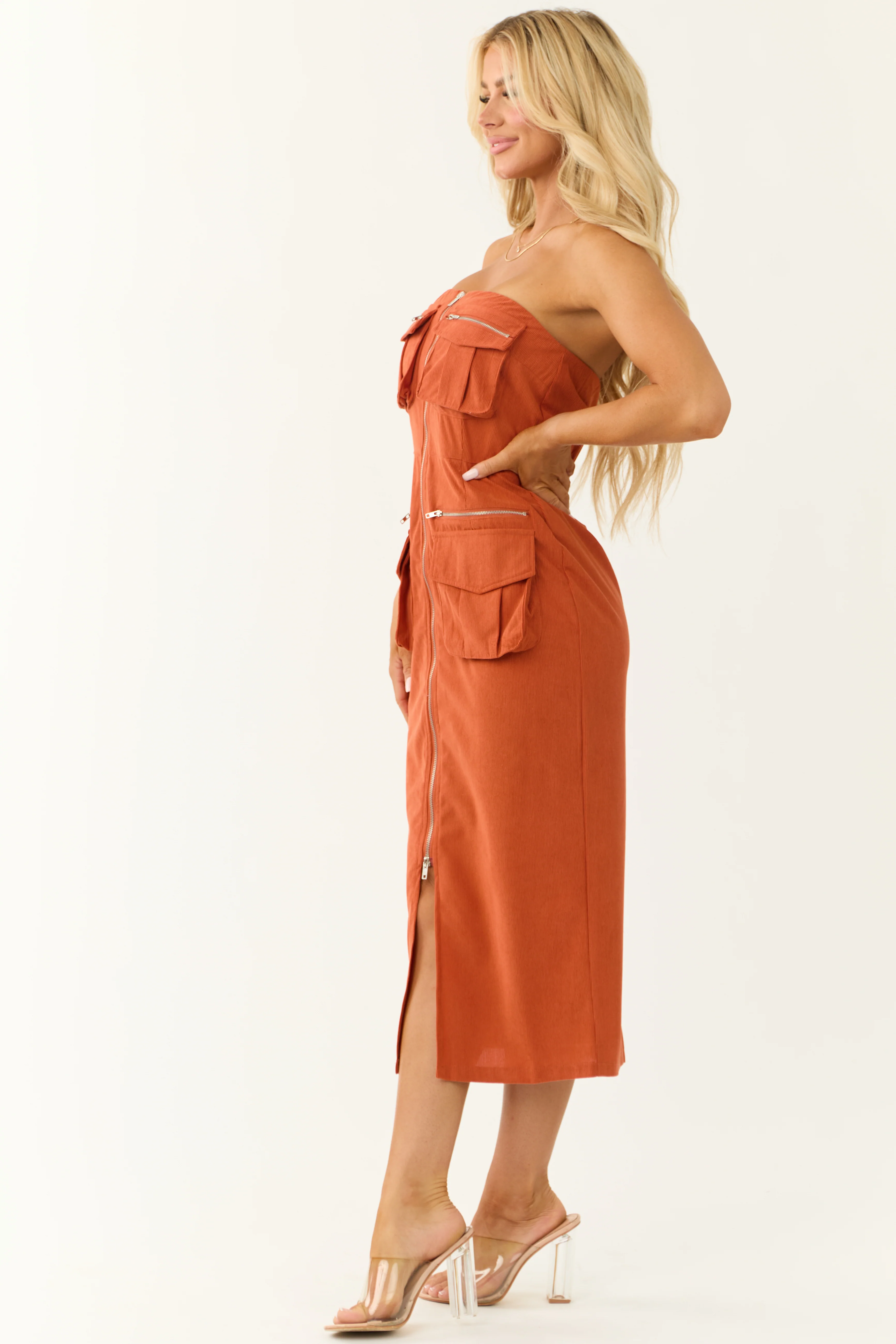 Tawny Strapless Cargo Zip Up Front Midi Dress - Image 5