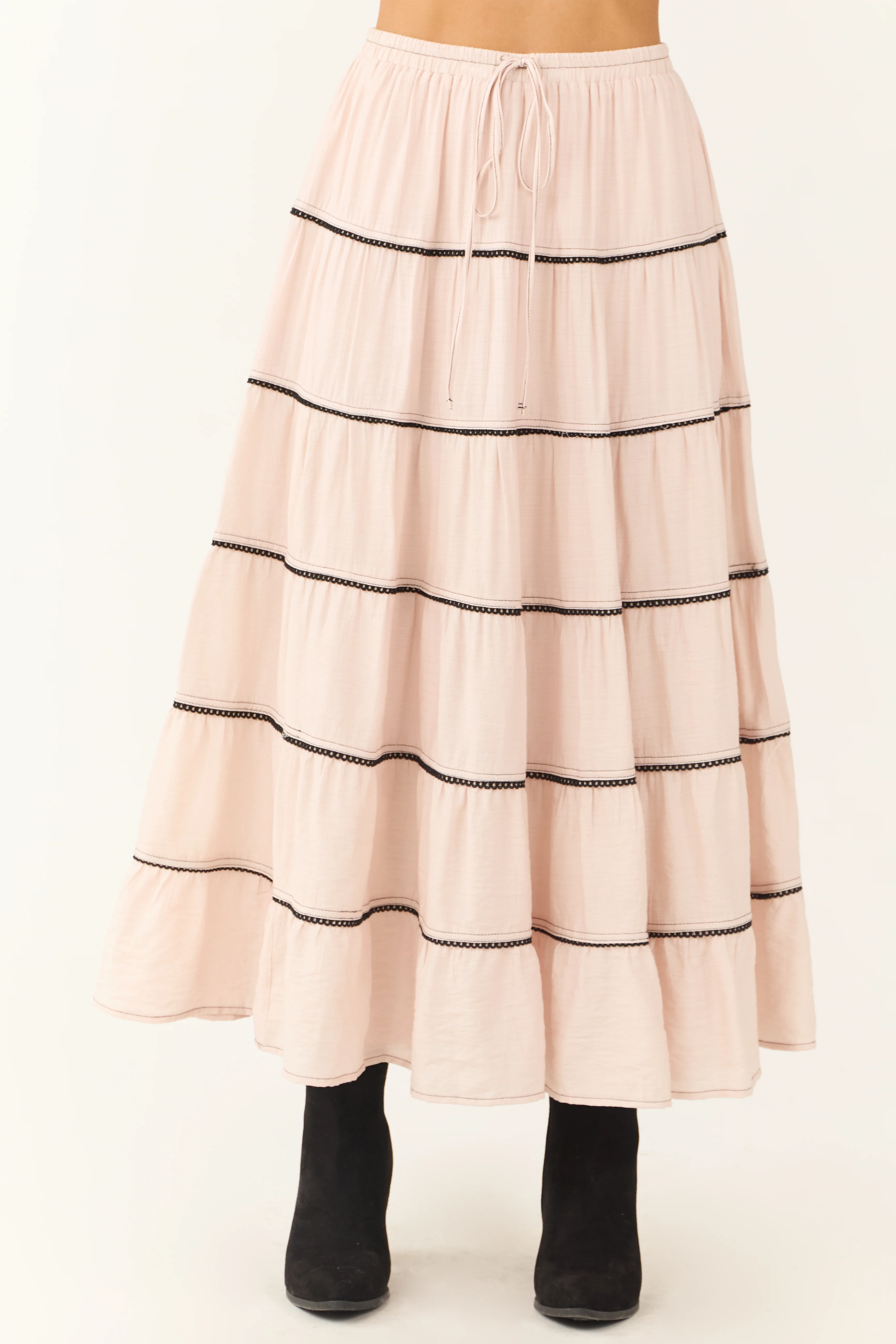 Tea Rose Contrast Tie Waist Tiered Maxi Skirt - Image 2