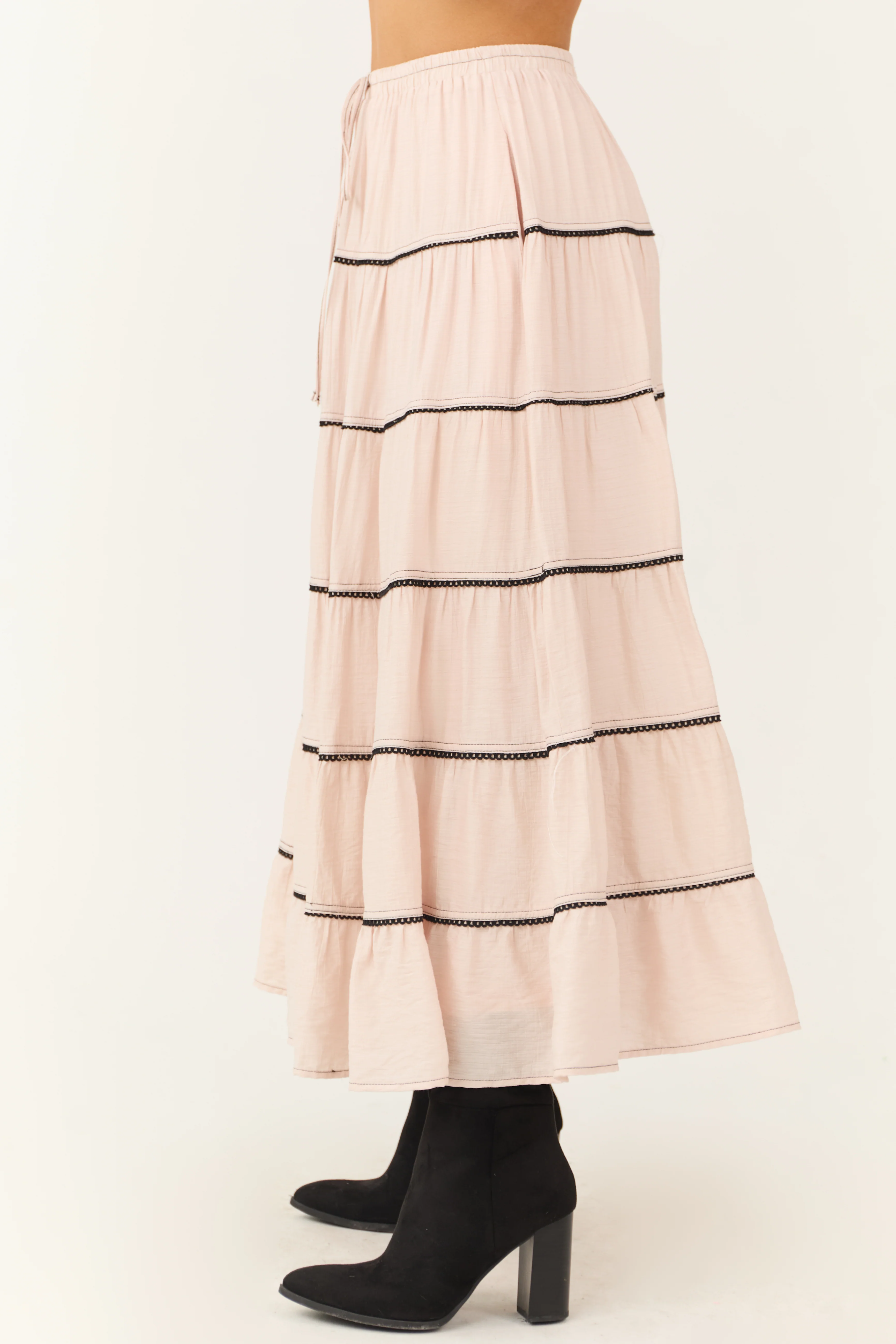Tea Rose Contrast Tie Waist Tiered Maxi Skirt - Image 3