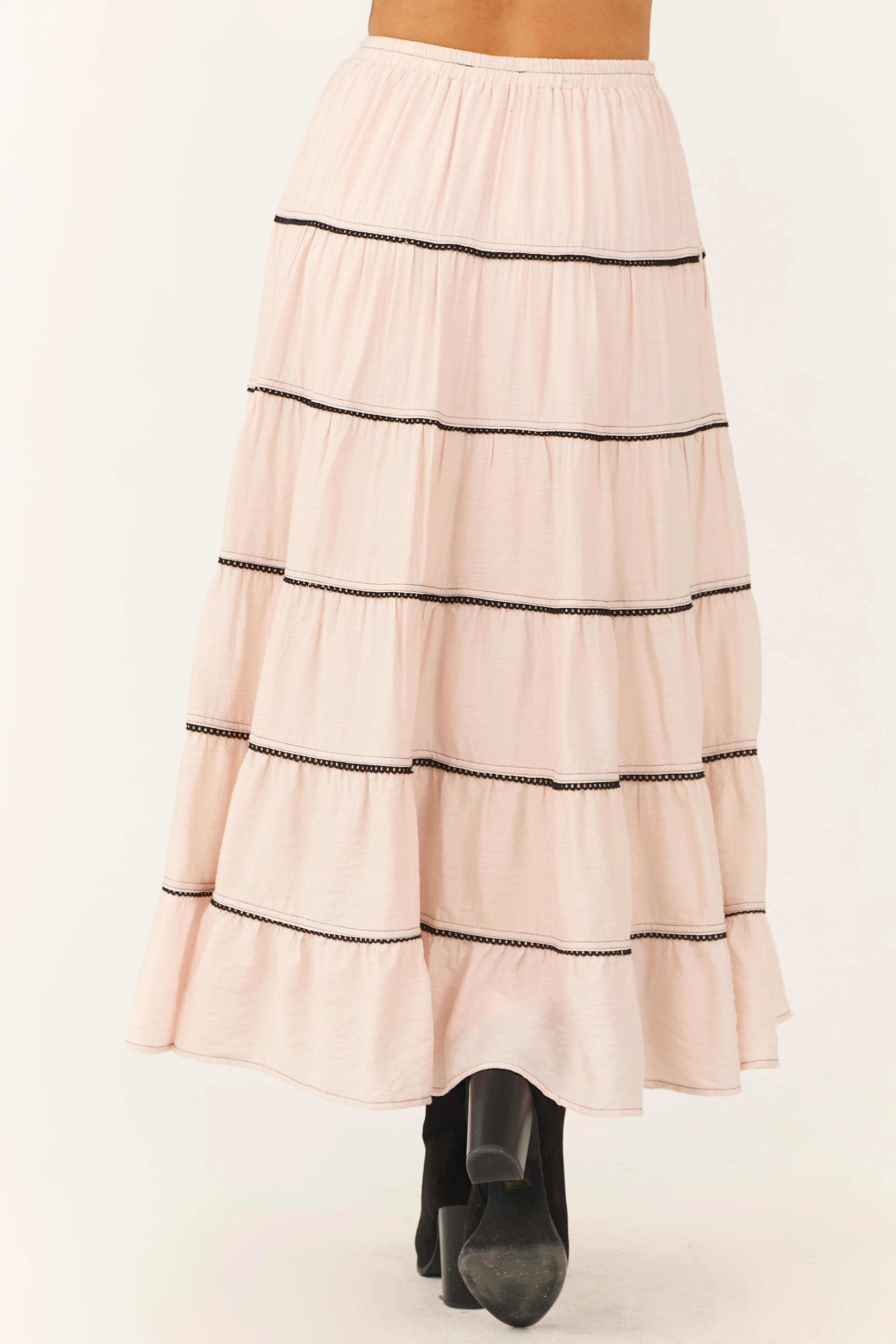 Tea Rose Contrast Tie Waist Tiered Maxi Skirt - Image 4