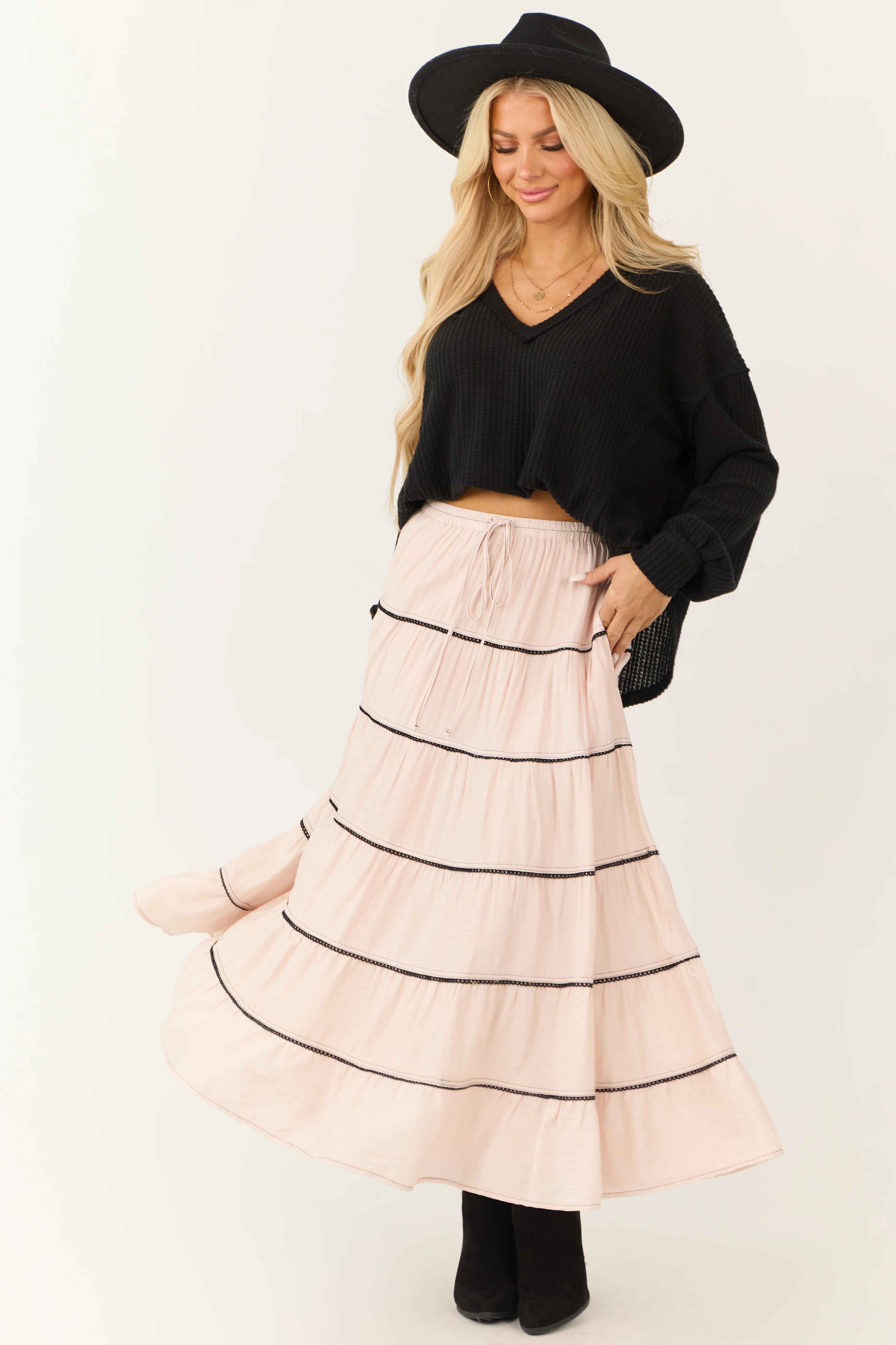 Tea Rose Contrast Tie Waist Tiered Maxi Skirt - Image 5