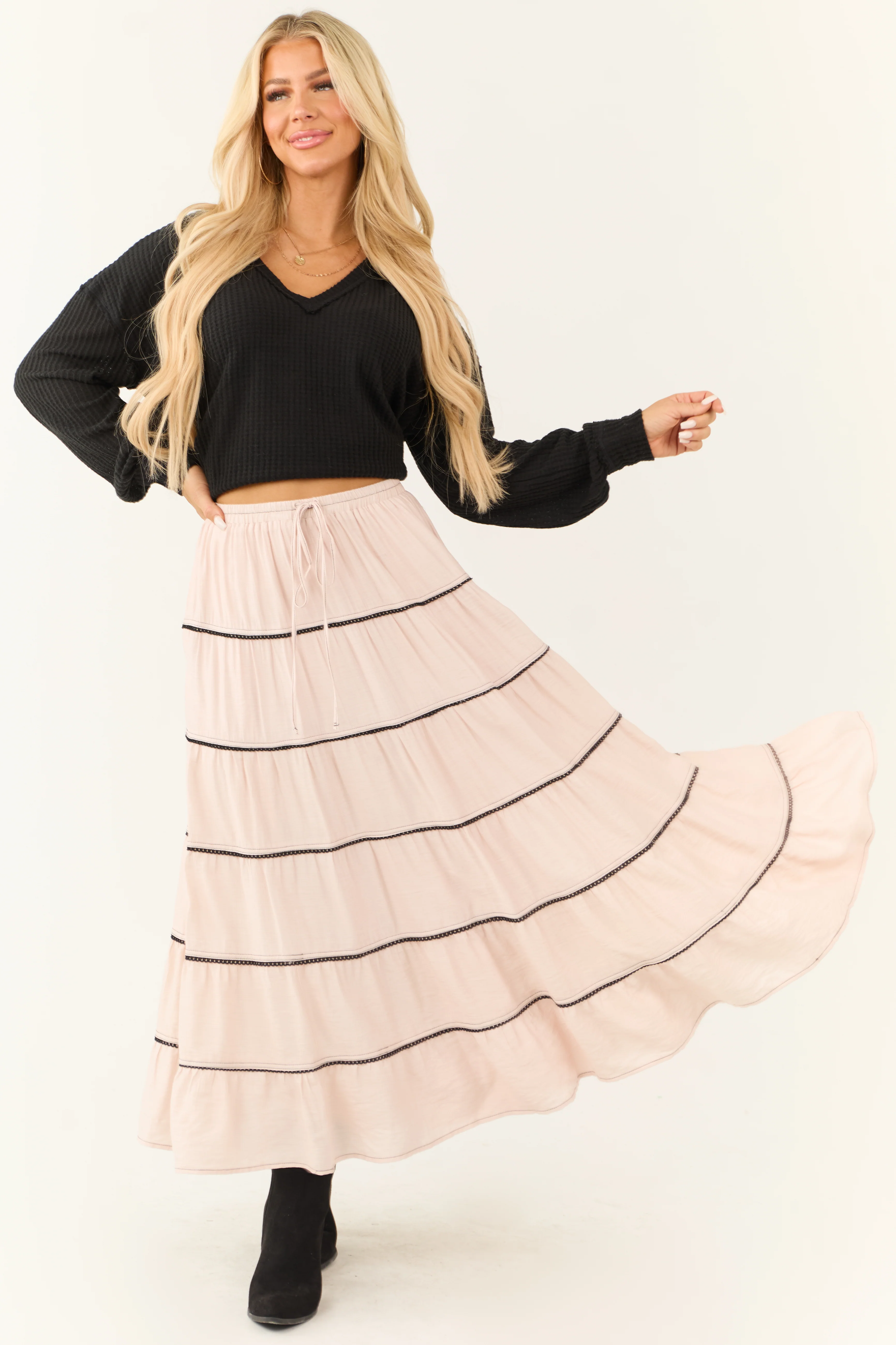 Tea Rose Contrast Tie Waist Tiered Maxi Skirt - Image 7