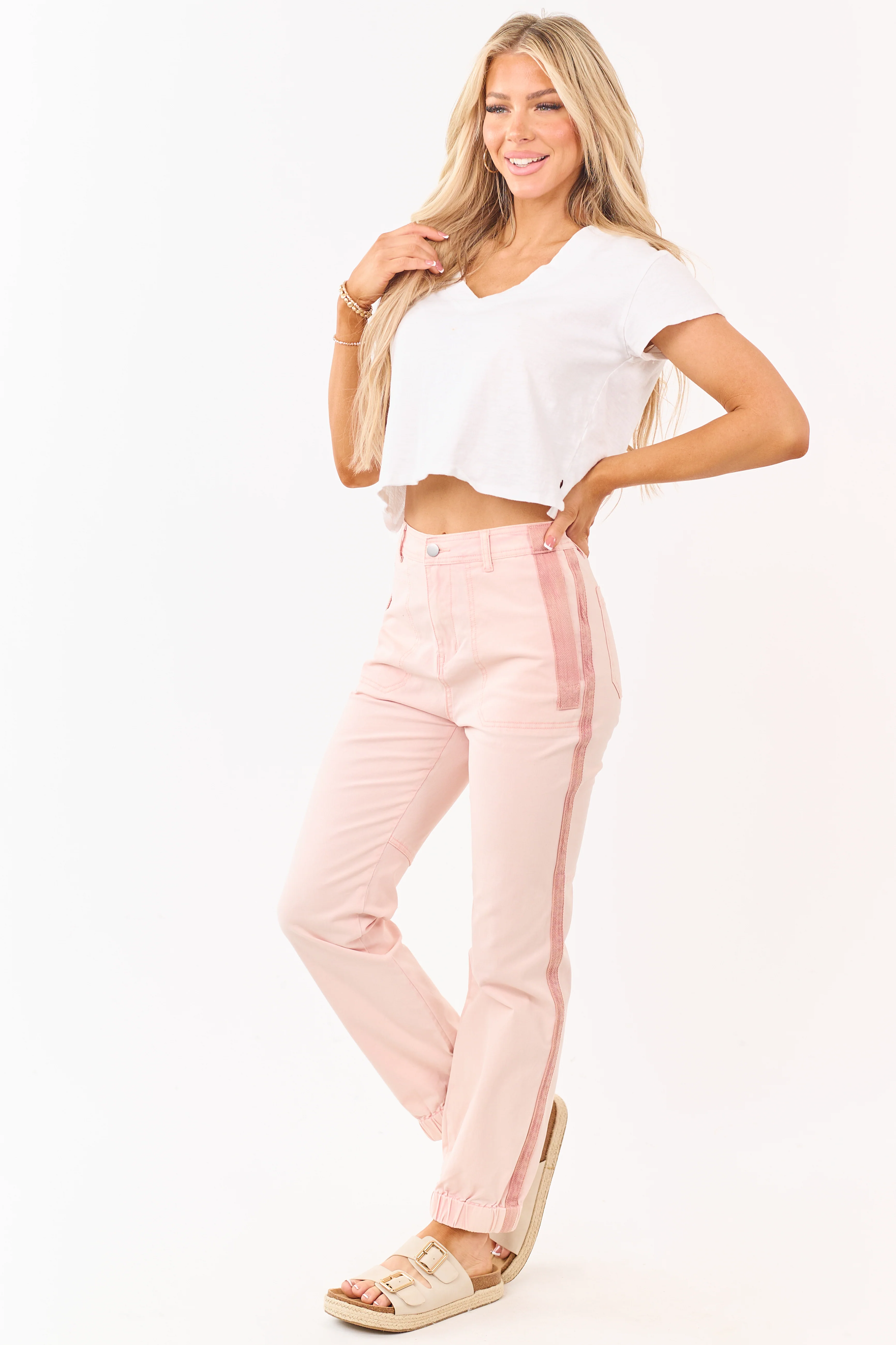 Tea Rose Sideline Contrast Stripe Denim Joggers - Image 6