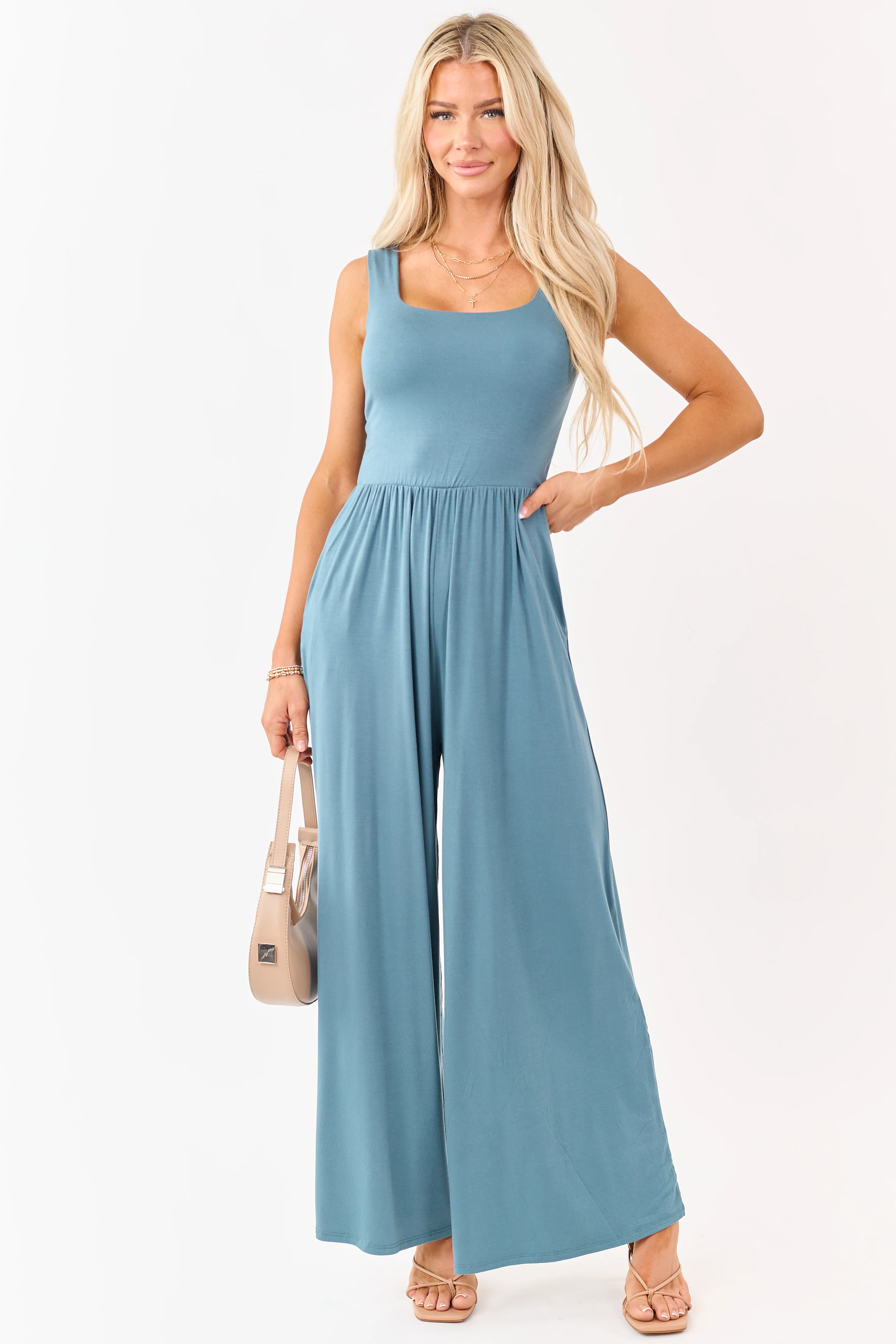 Teal Sleeveless Wide Leg Soft Knit Jumpsuit - Image 2