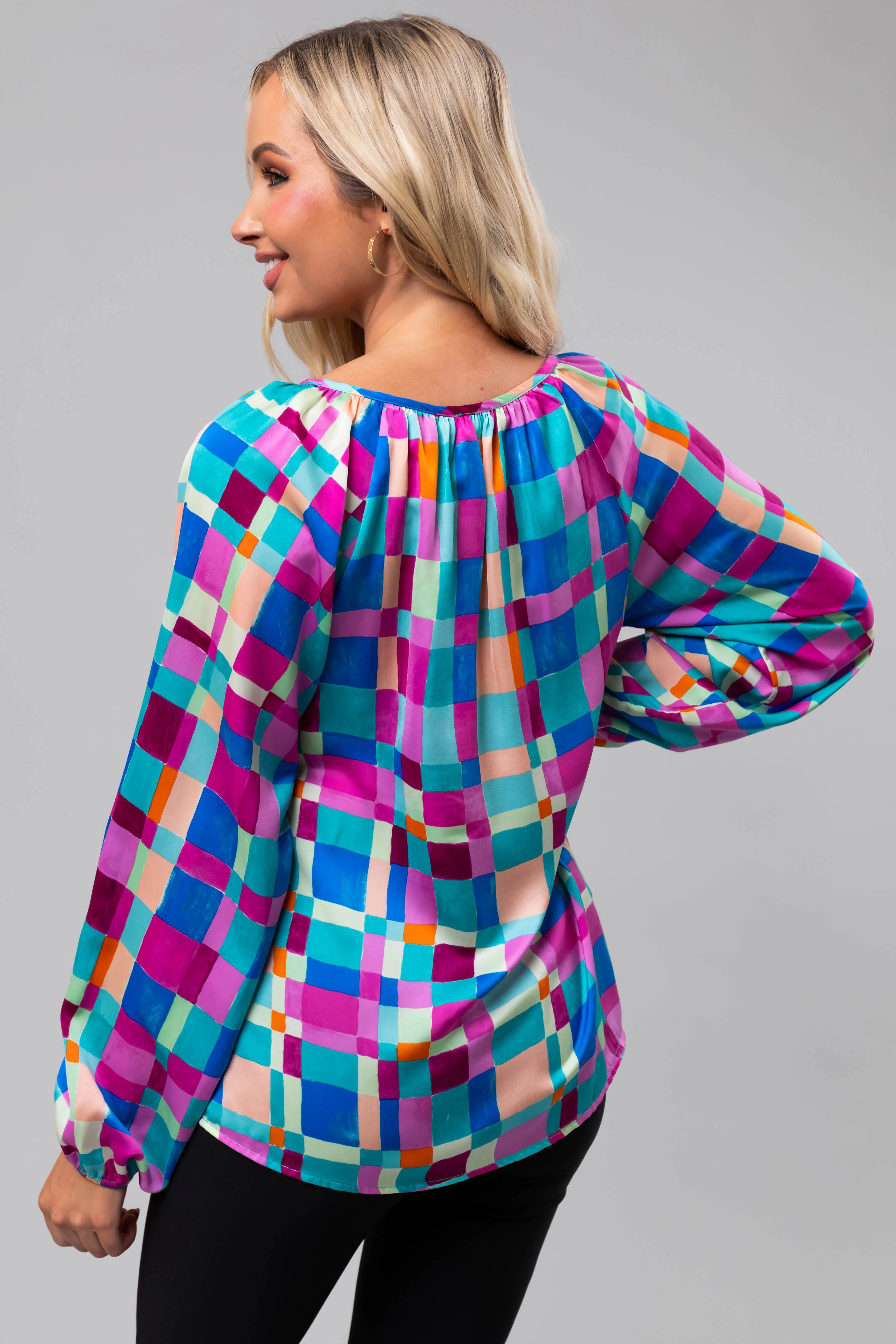 Turquoise Geo Print Long Sleeve V Neck Top - Image 6