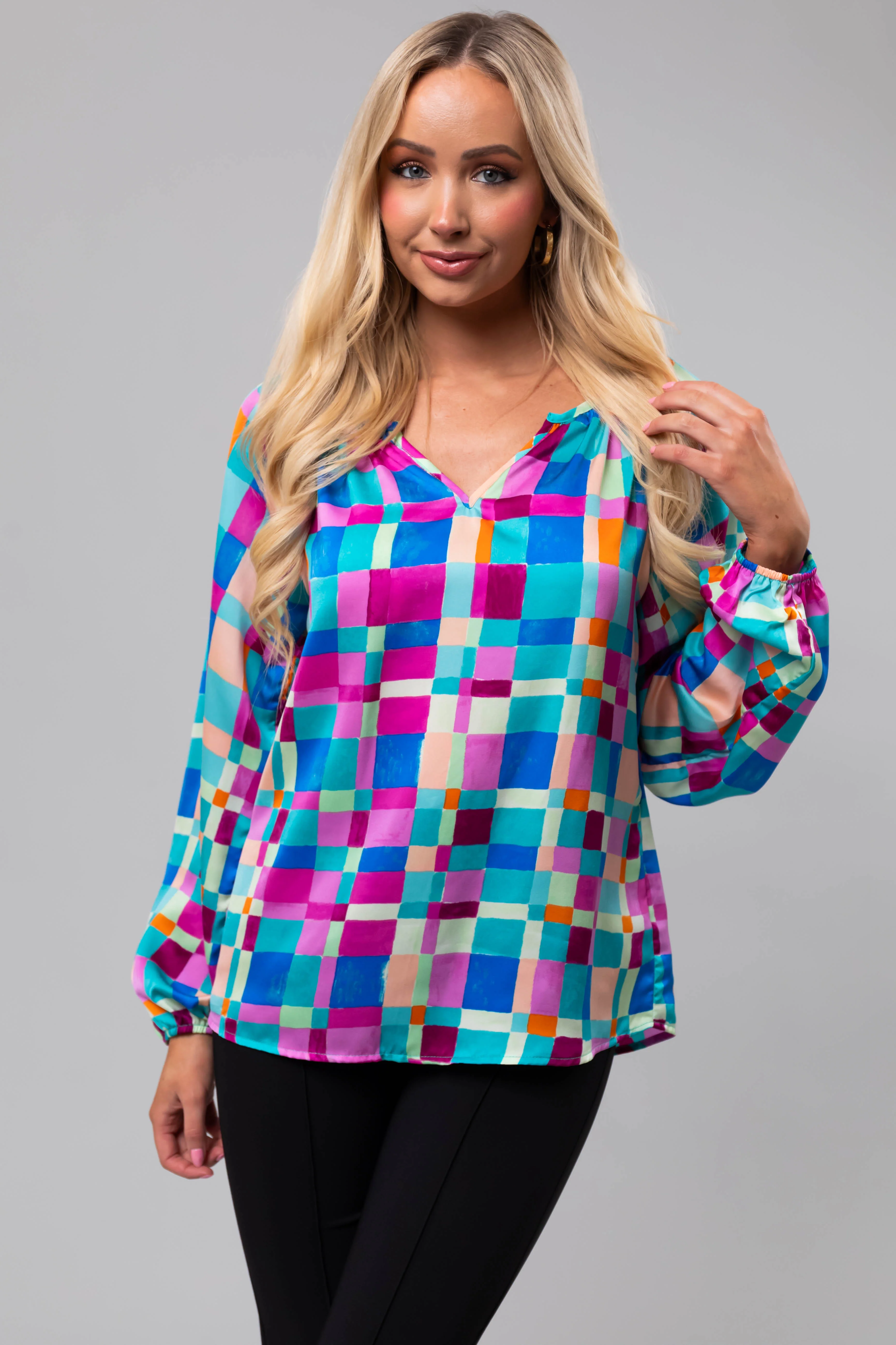 Turquoise Geo Print Long Sleeve V Neck Top - Image 7