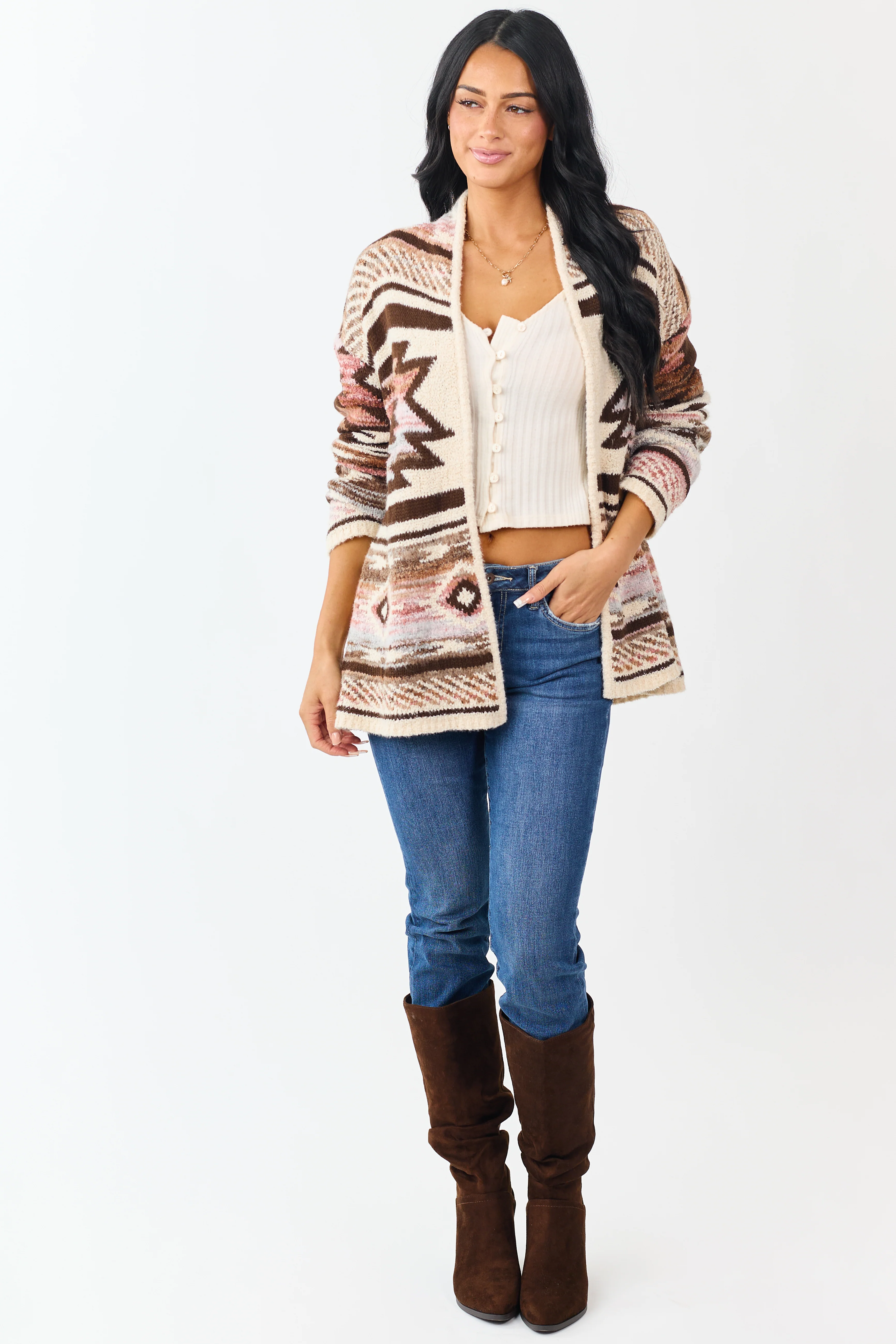 Vanilla Aztec Print Open Front Sweater Cardigan - Image 4