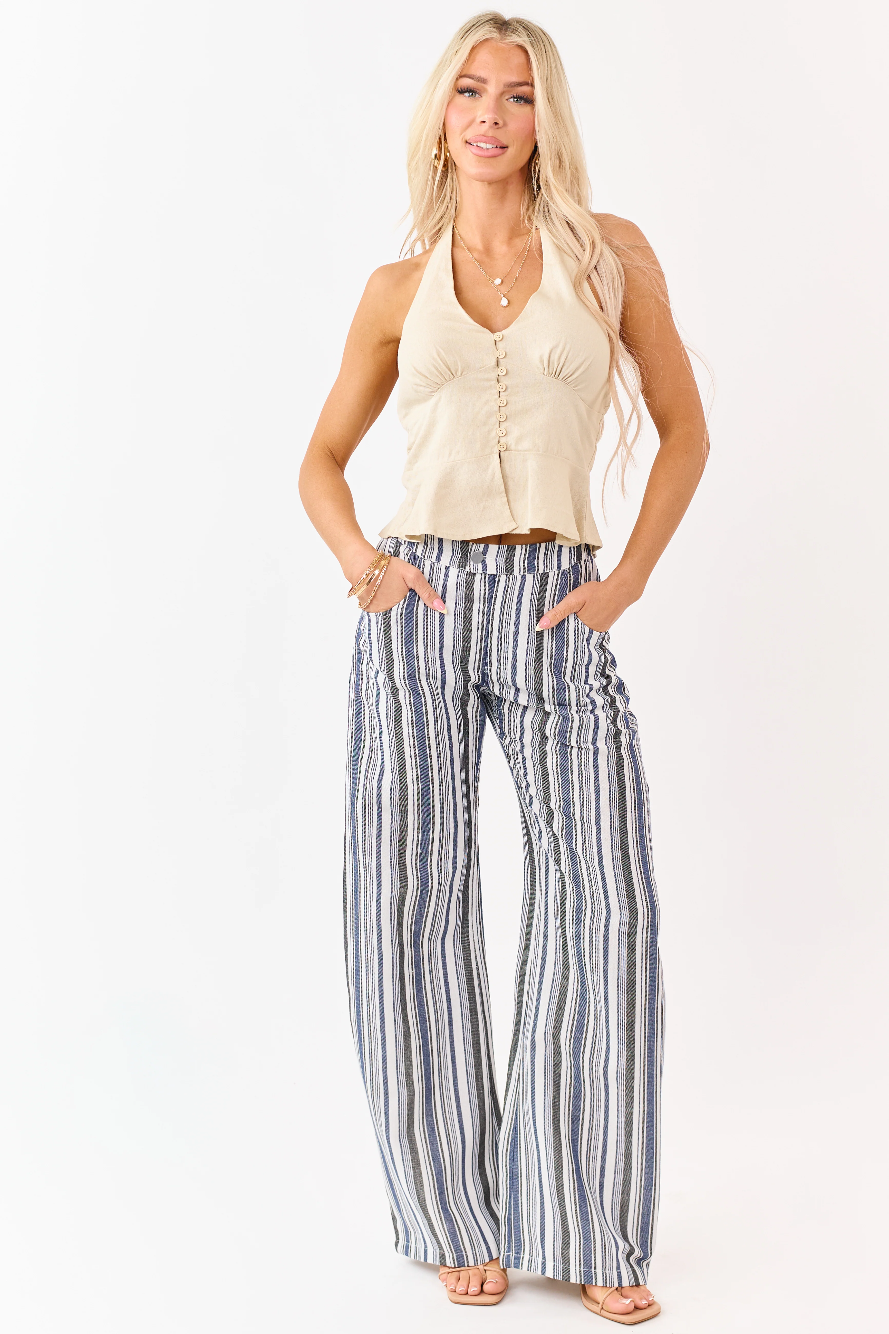 Vanilla and Cobalt Striped Wide Leg Pants - Image 6
