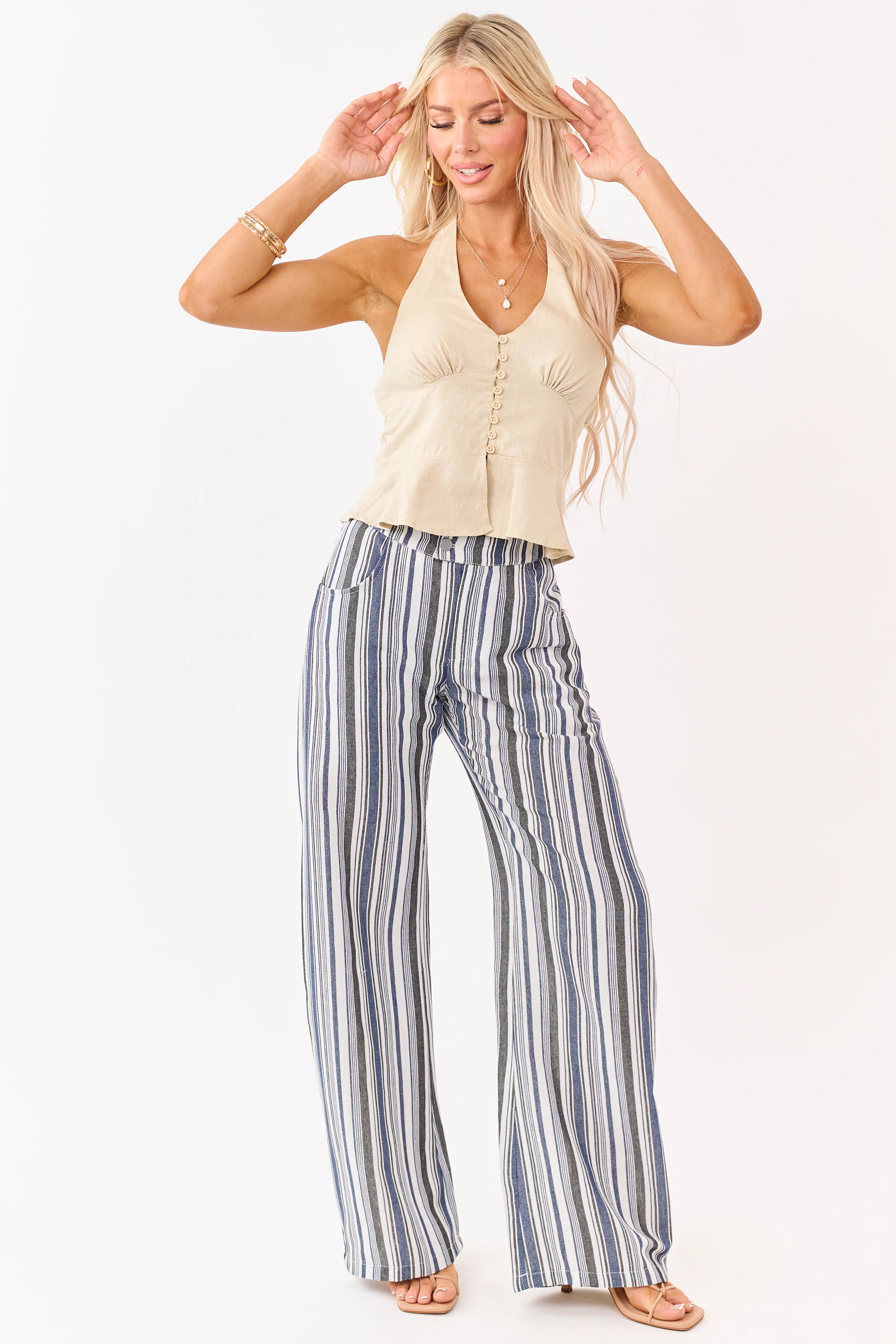 Vanilla and Cobalt Striped Wide Leg Pants - Image 7
