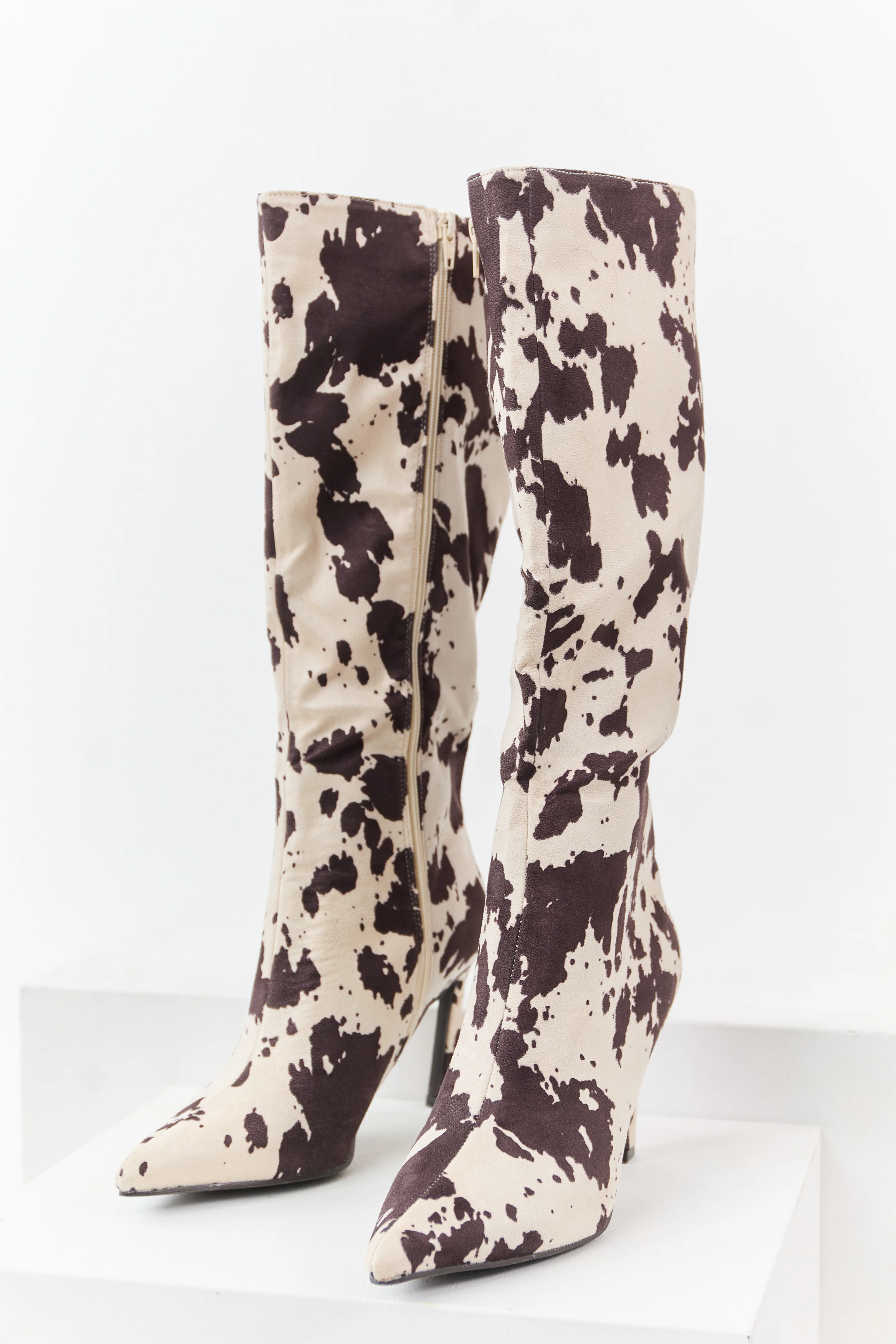Vanilla Cow Print Faux Suede High Heel Tall Boots - Image 3