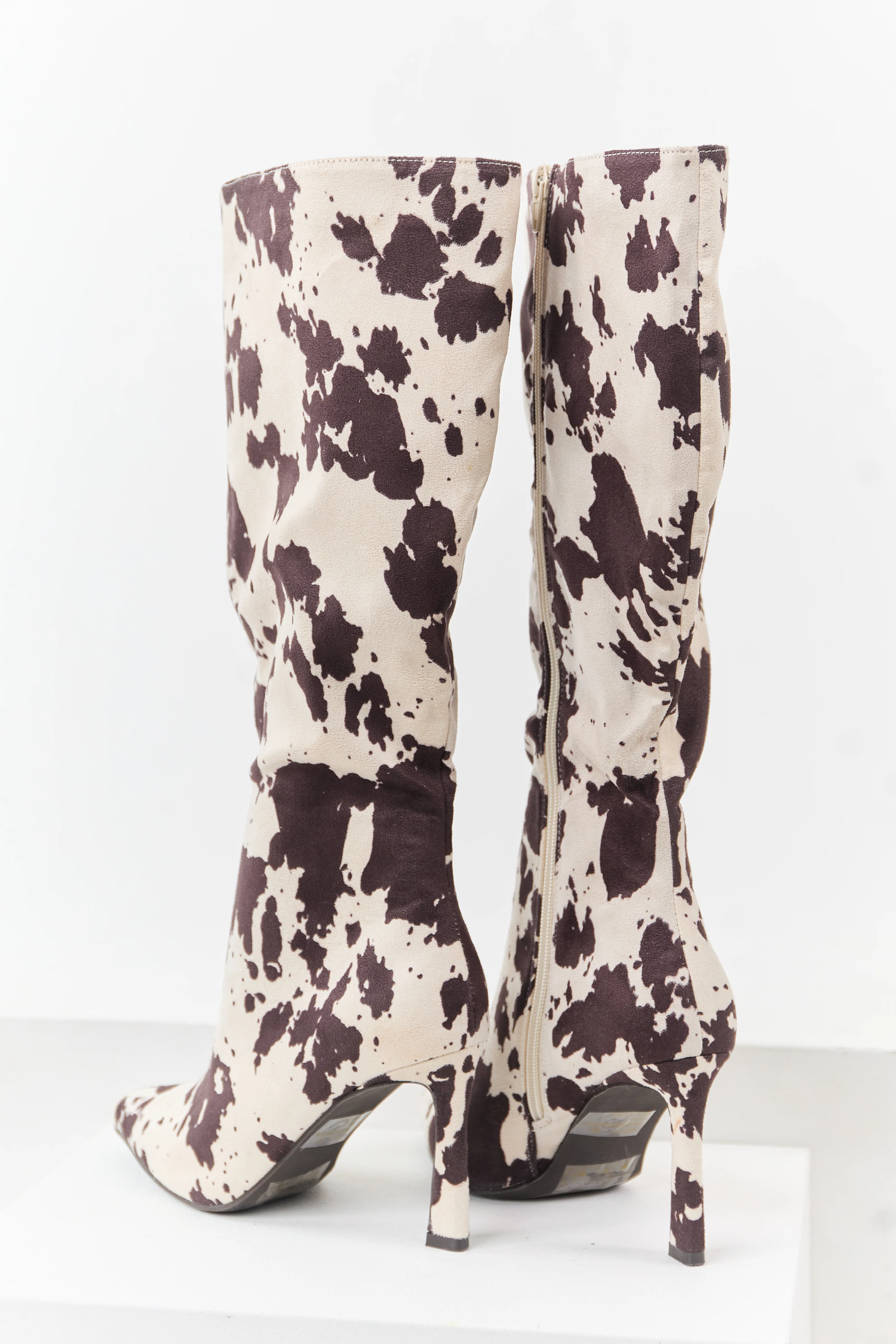 Vanilla Cow Print Faux Suede High Heel Tall Boots - Image 4
