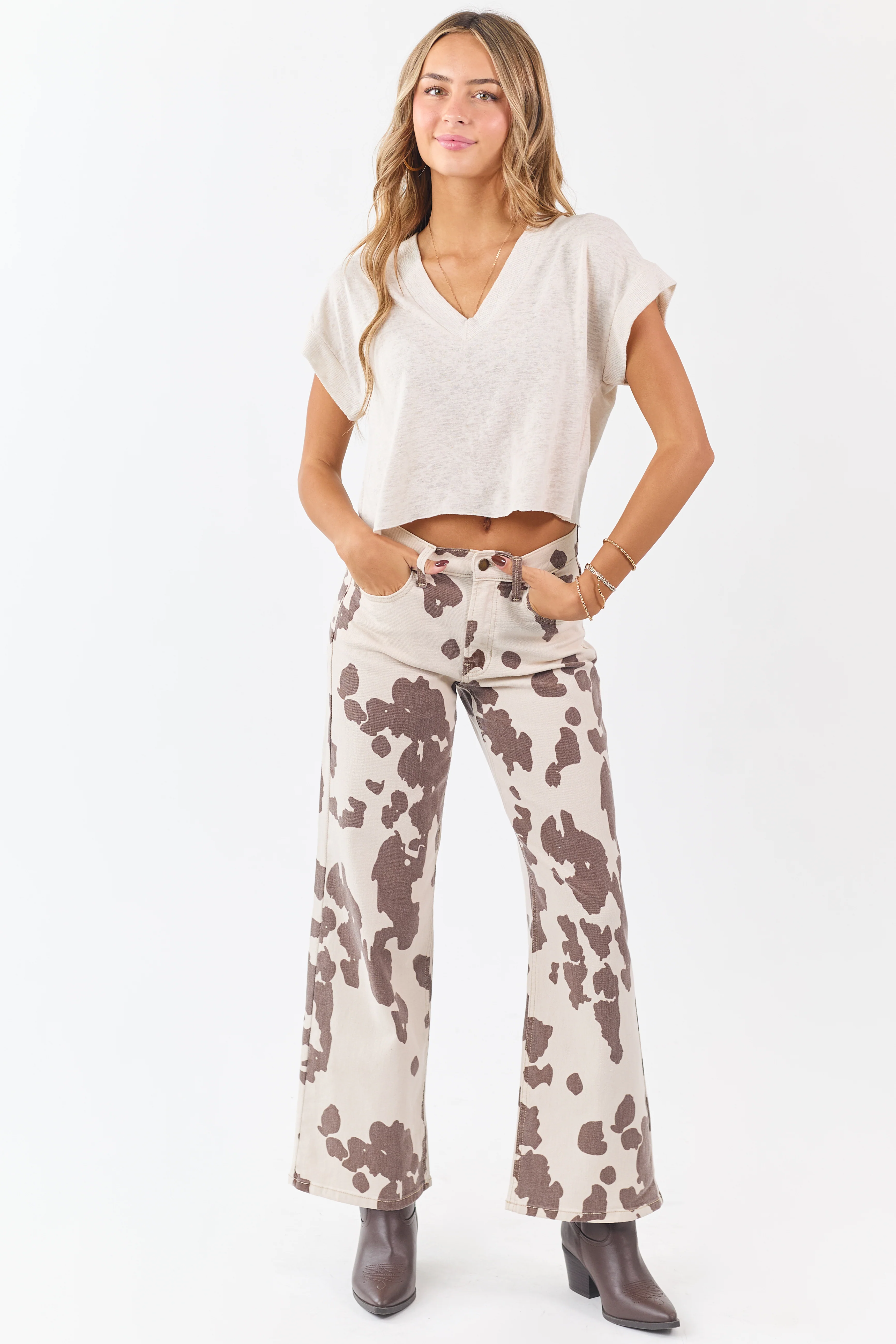 Vanilla Cow Print Stretchy High Rise Wide Leg Jeans - Image 2