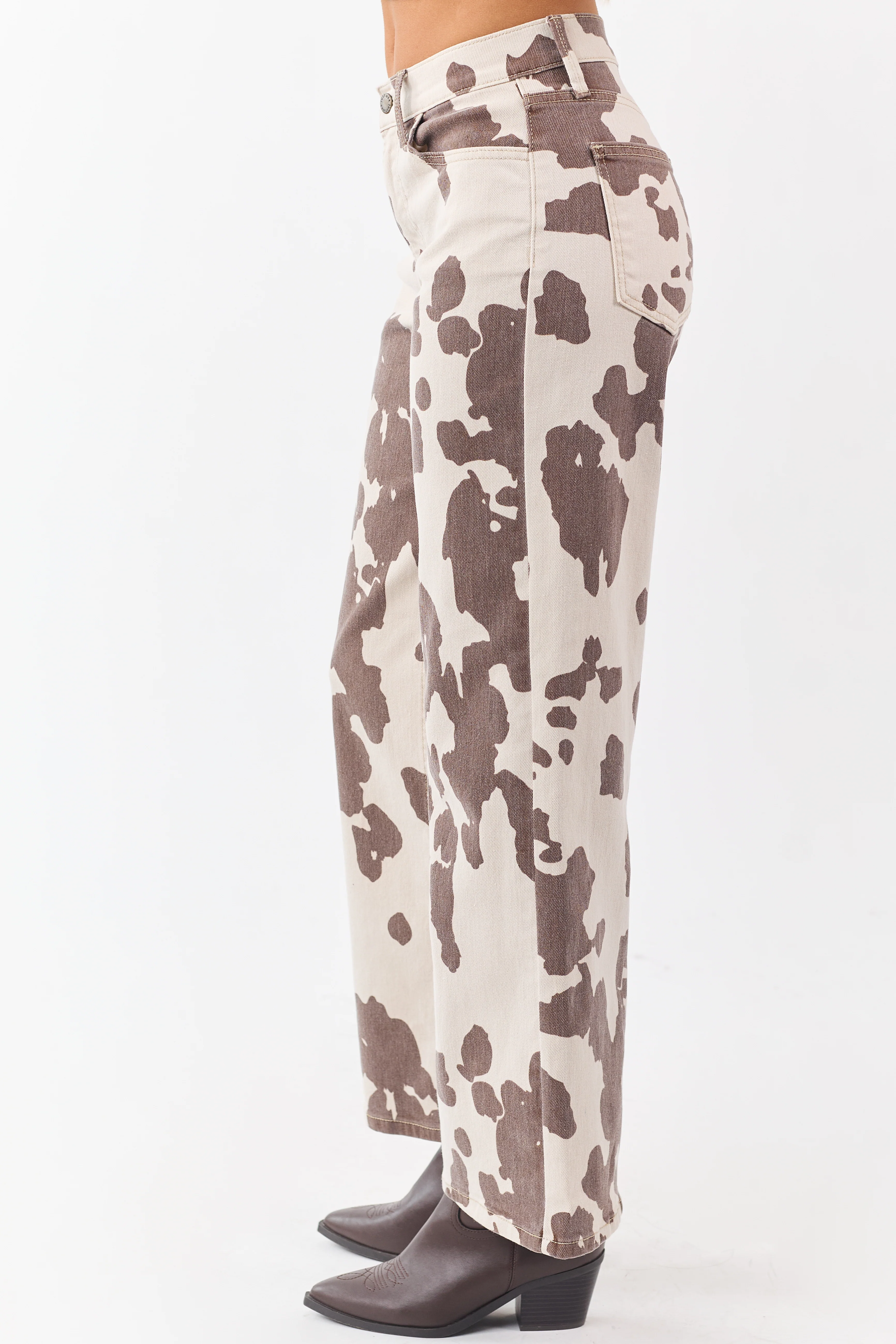 Vanilla Cow Print Stretchy High Rise Wide Leg Jeans - Image 3
