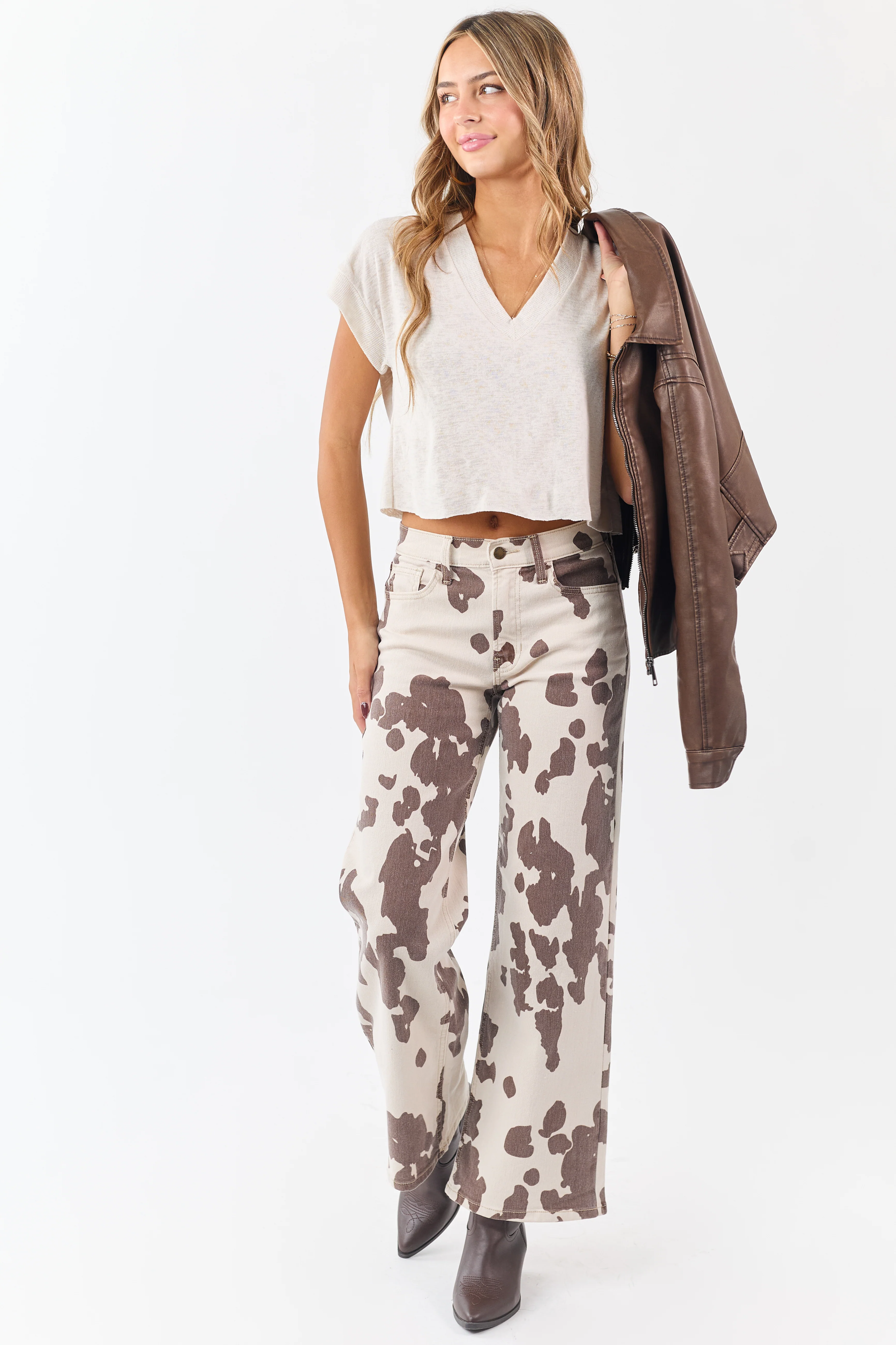 Vanilla Cow Print Stretchy High Rise Wide Leg Jeans - Image 5