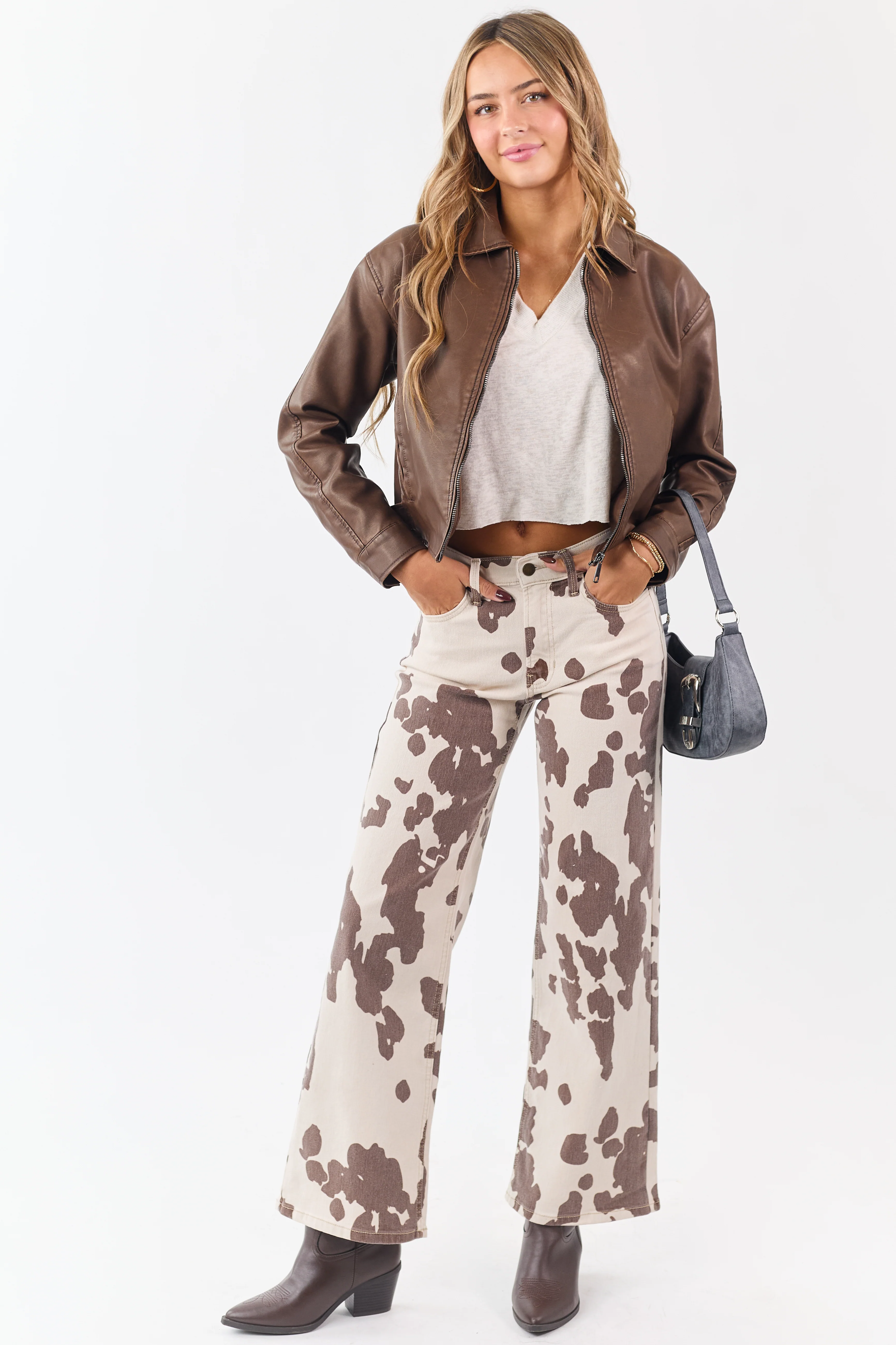 Vanilla Cow Print Stretchy High Rise Wide Leg Jeans - Image 6