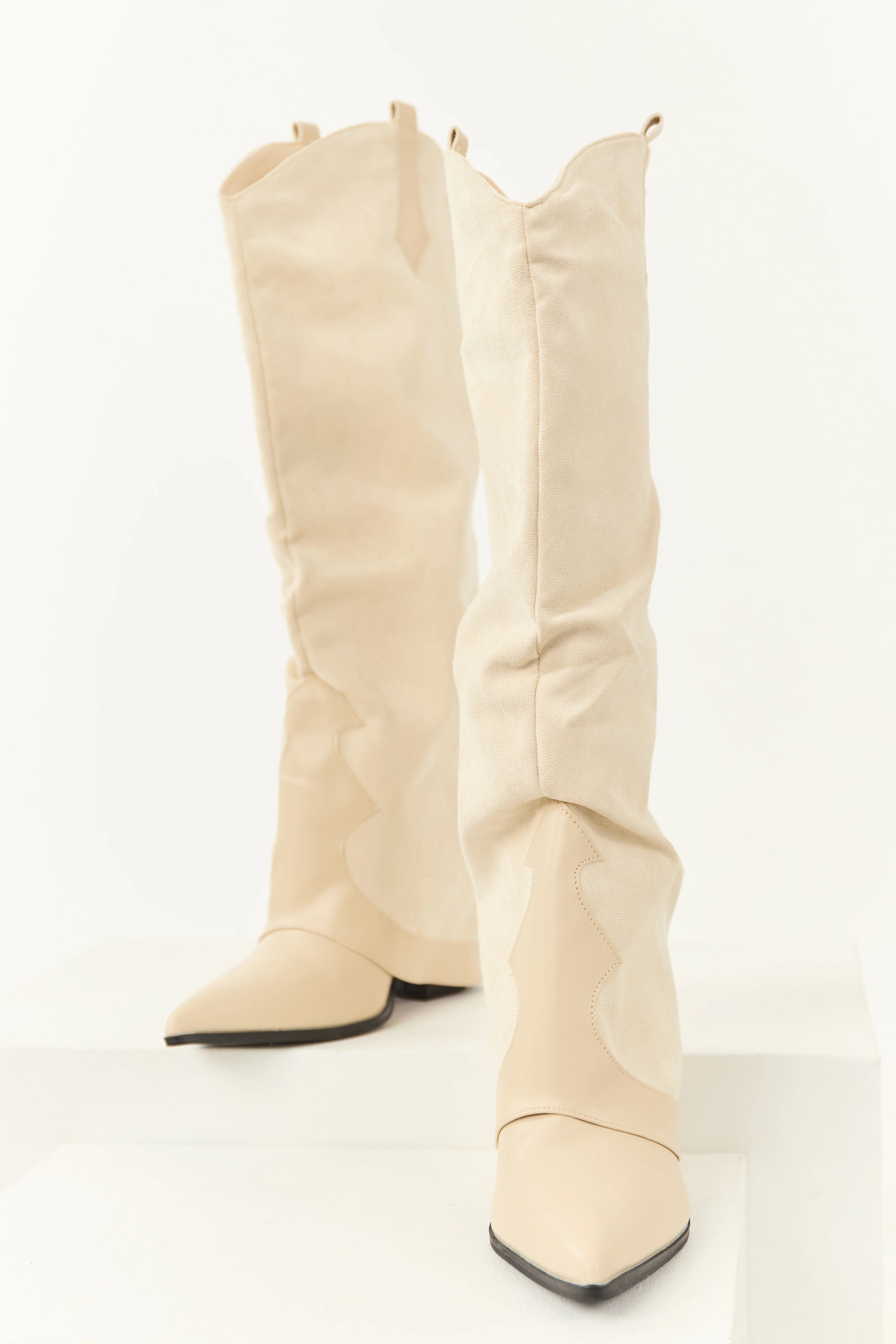 Vanilla Faux Suede Overlay Knee High Cowboy Boots - Image 2