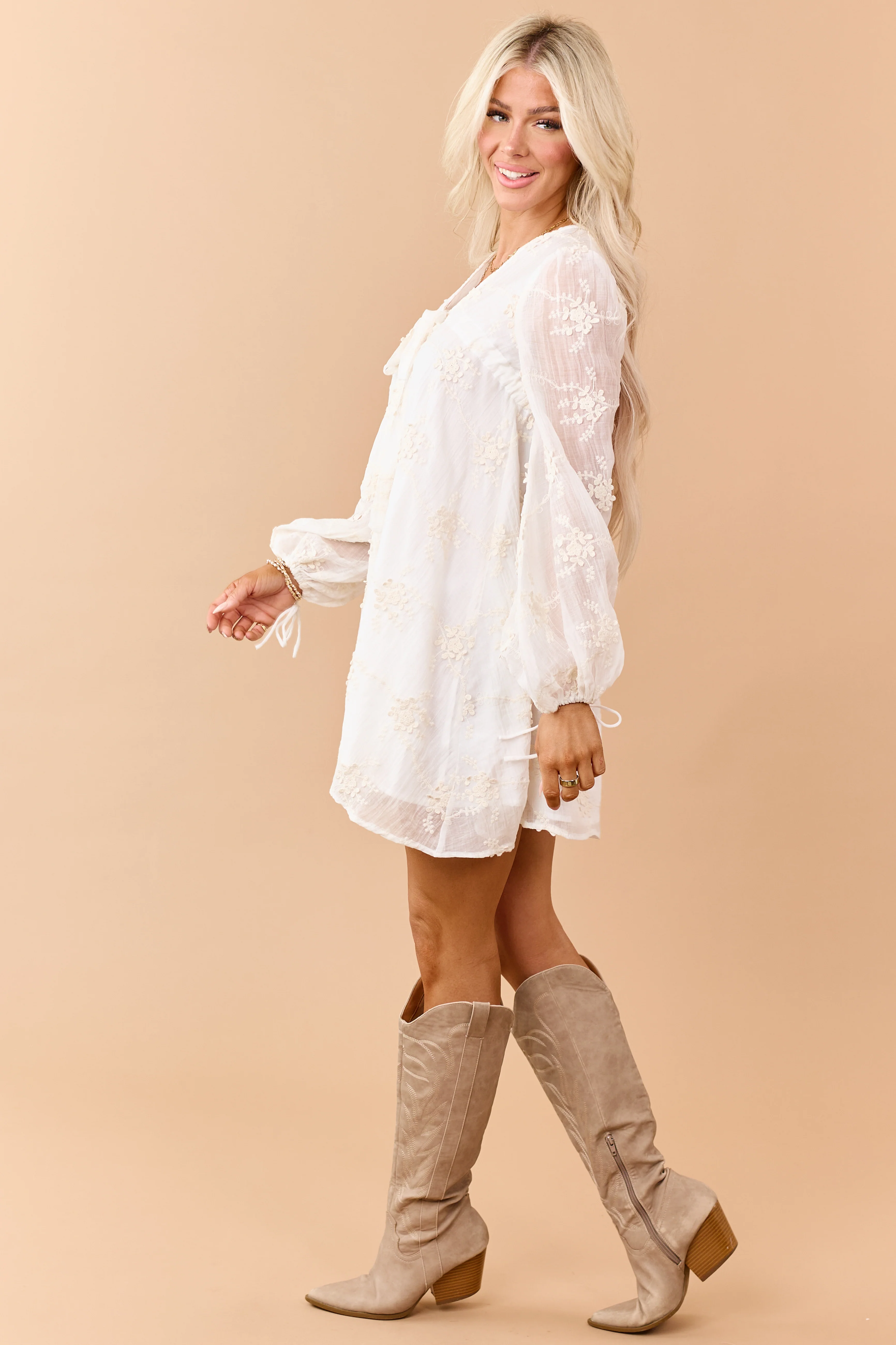 Vanilla Floral Applique Embroidered Flowy Mini Dress - Image 3