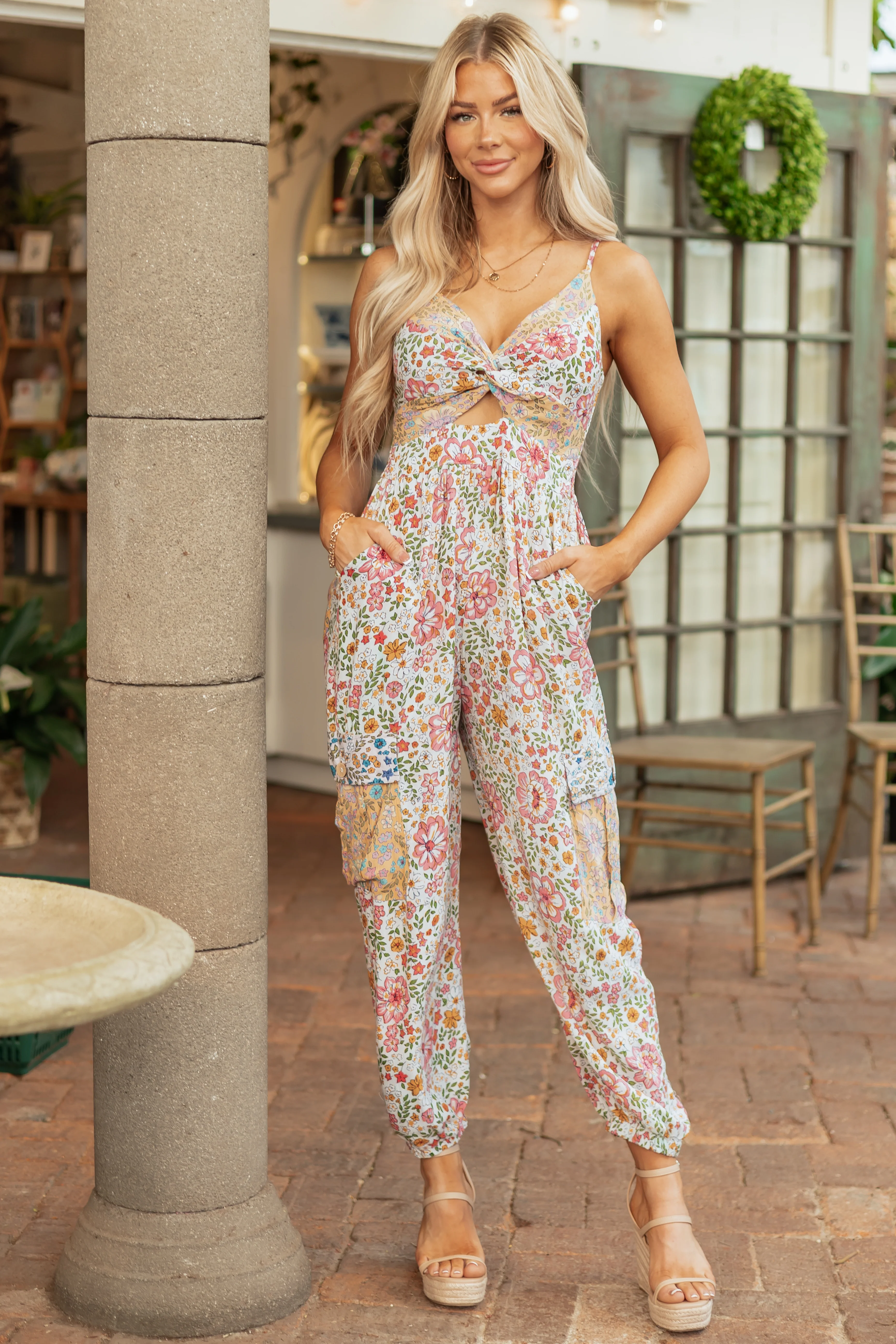 Vanilla Floral Front Twist Cargo Pocket Jumpsuit