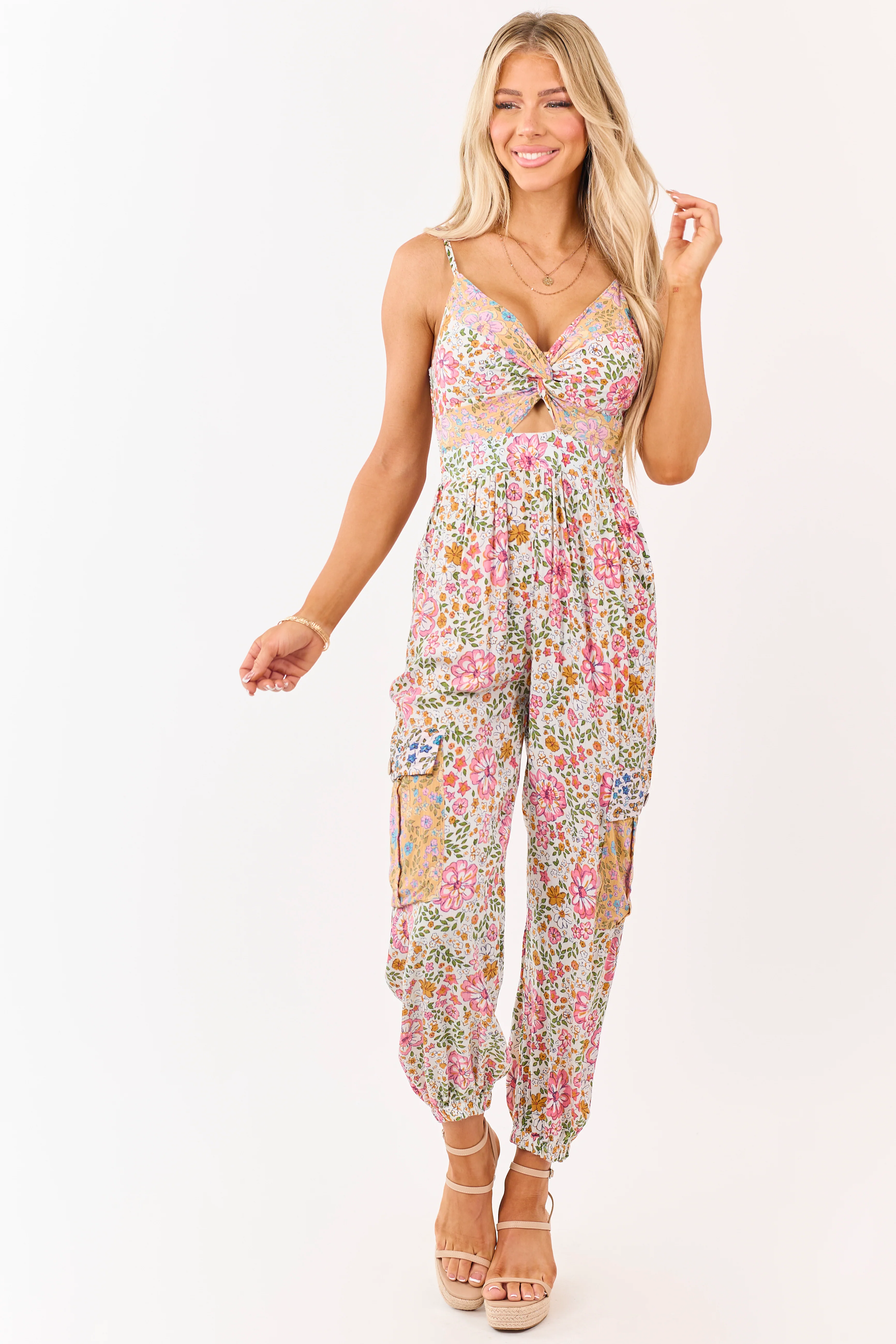Vanilla Floral Front Twist Cargo Pocket Jumpsuit - Image 5