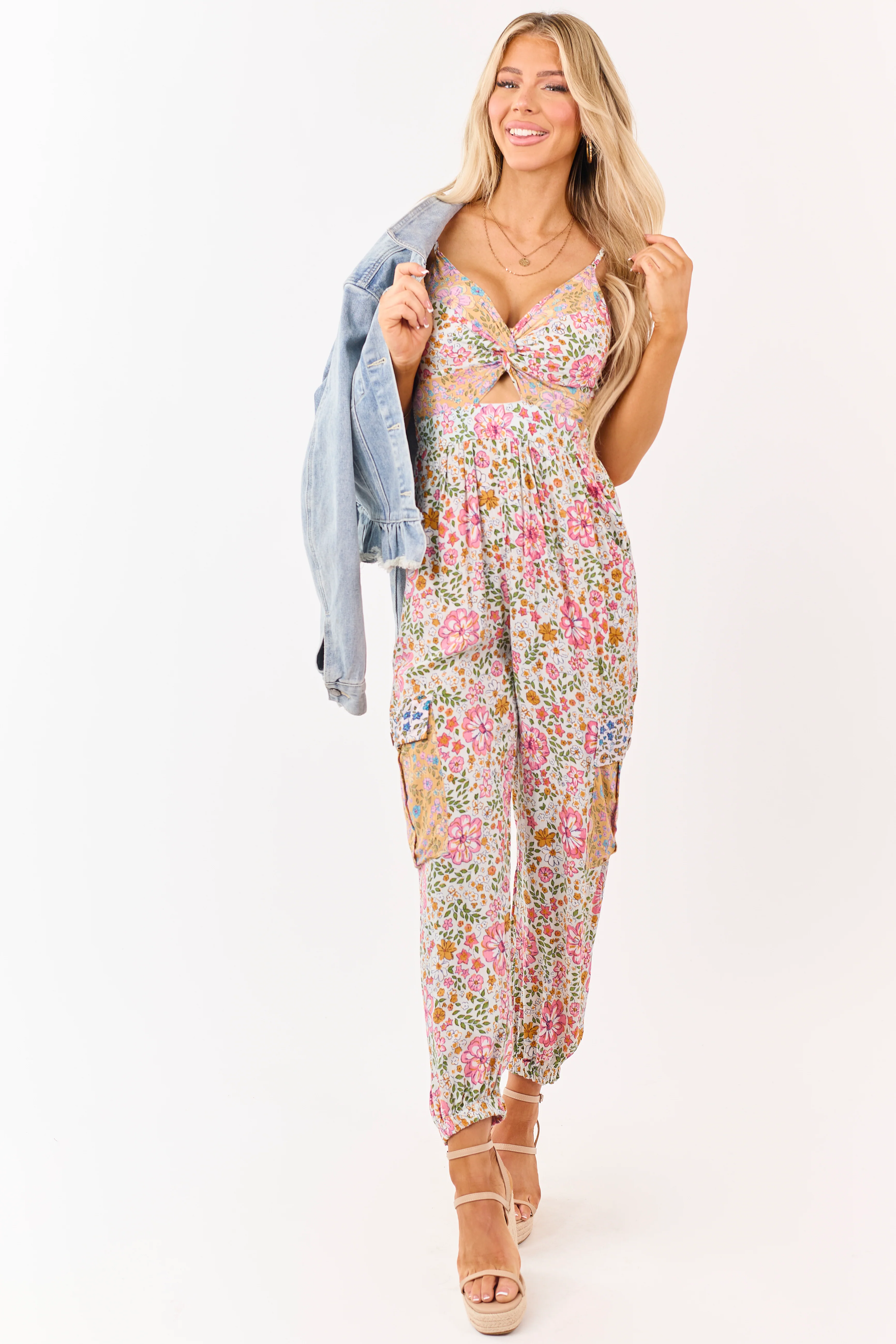 Vanilla Floral Front Twist Cargo Pocket Jumpsuit - Image 6