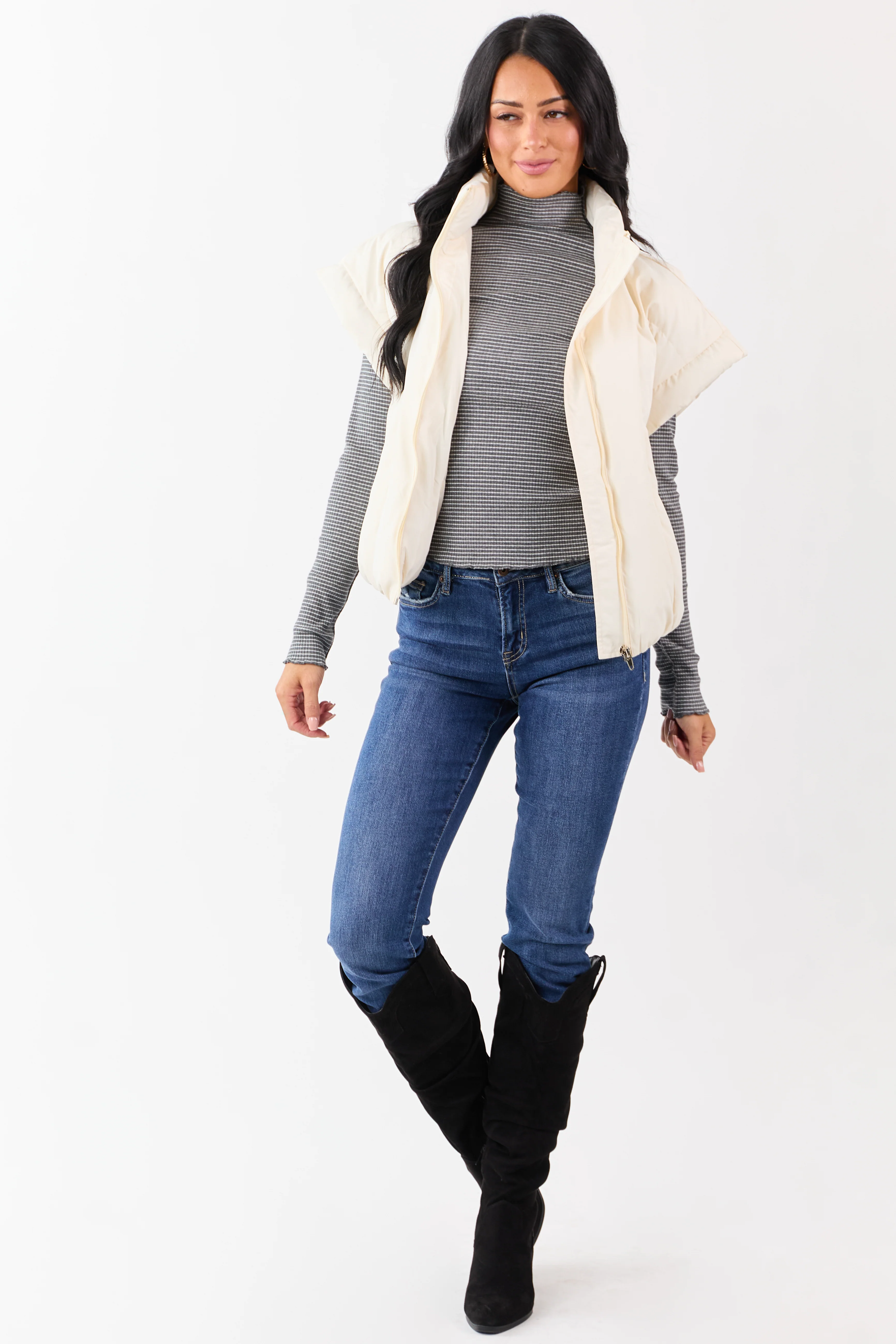 Vanilla Mock Neck Zip Up Quilted Puffer Vest - Image 3