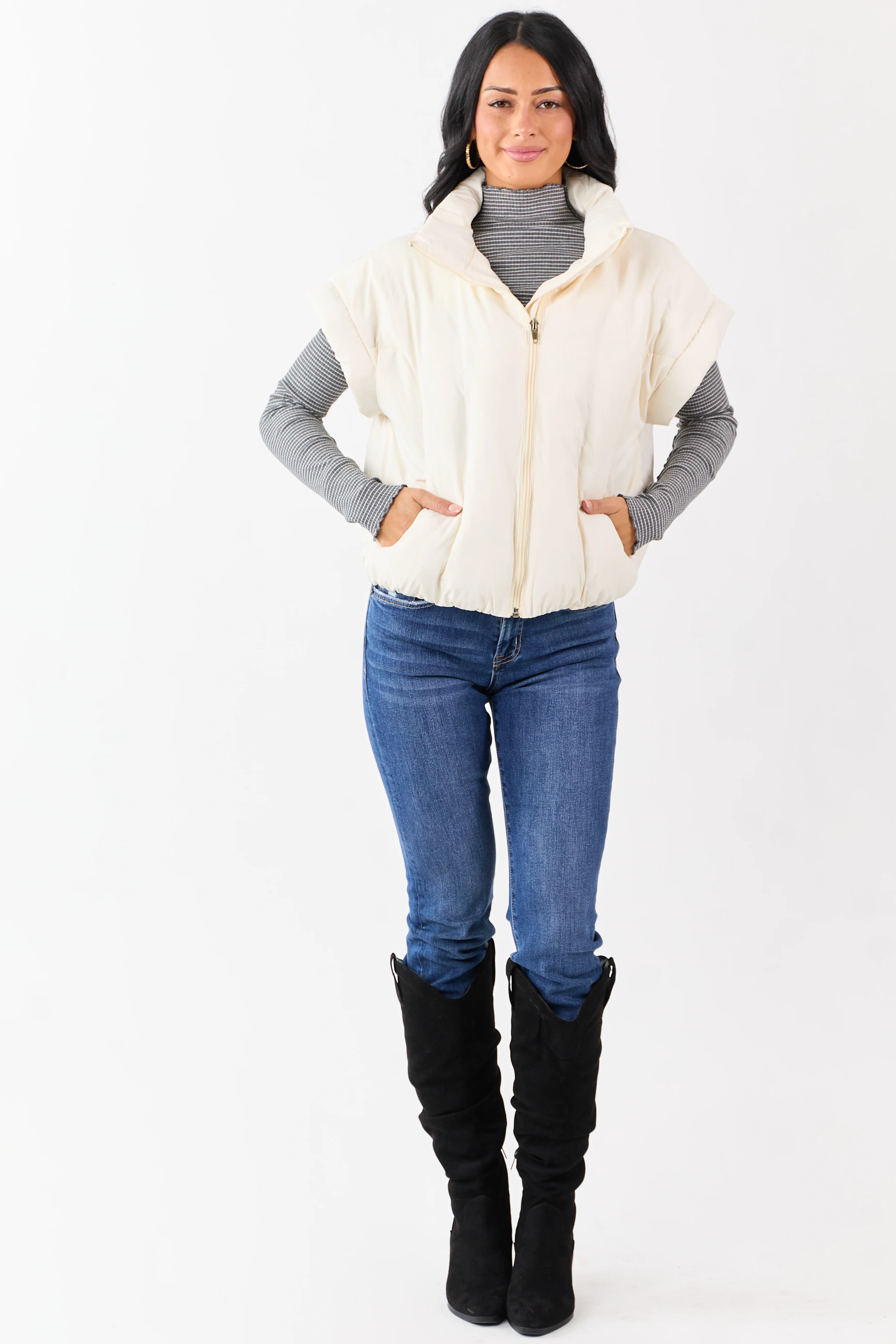 Vanilla Mock Neck Zip Up Quilted Puffer Vest - Image 4