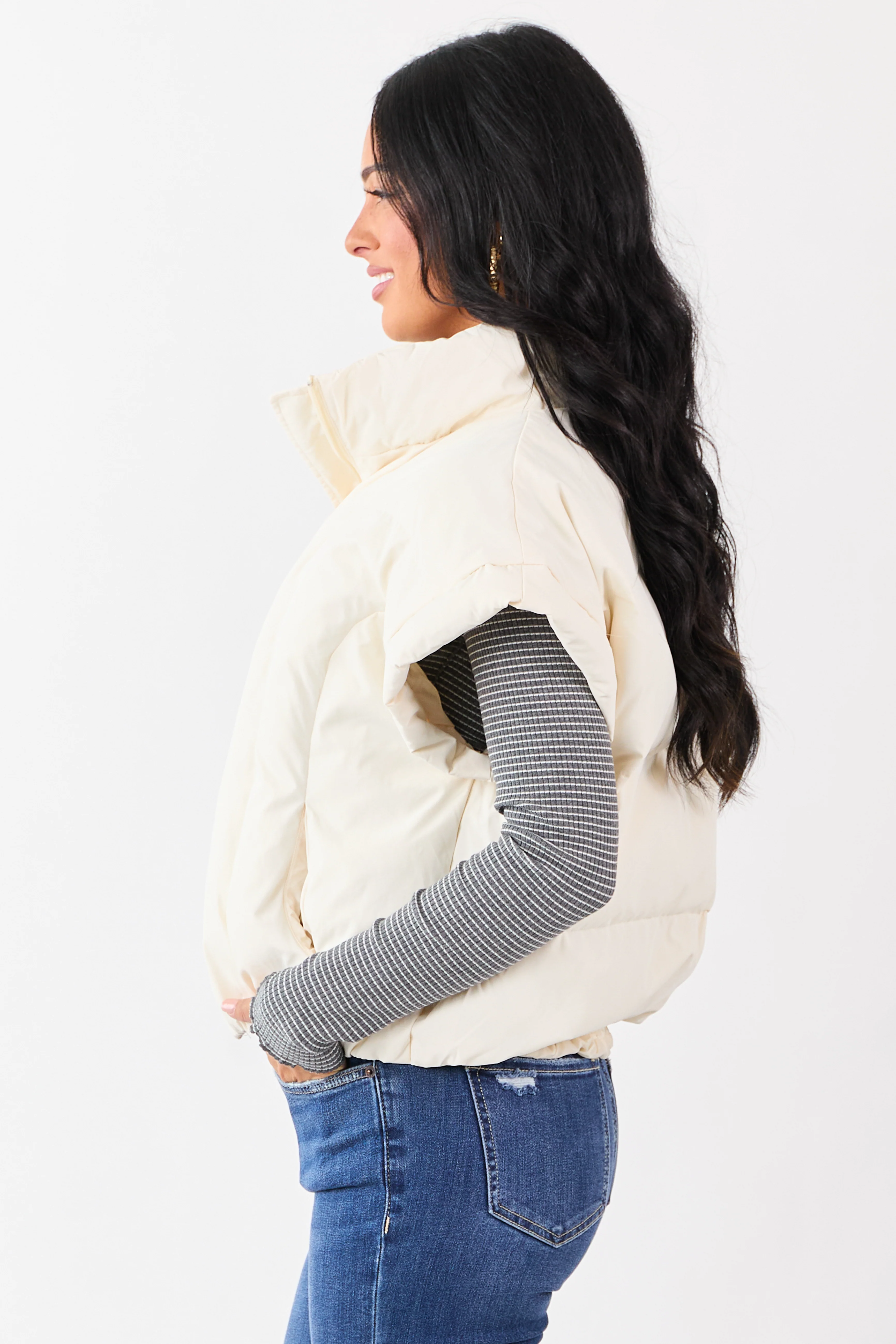 Vanilla Mock Neck Zip Up Quilted Puffer Vest - Image 5
