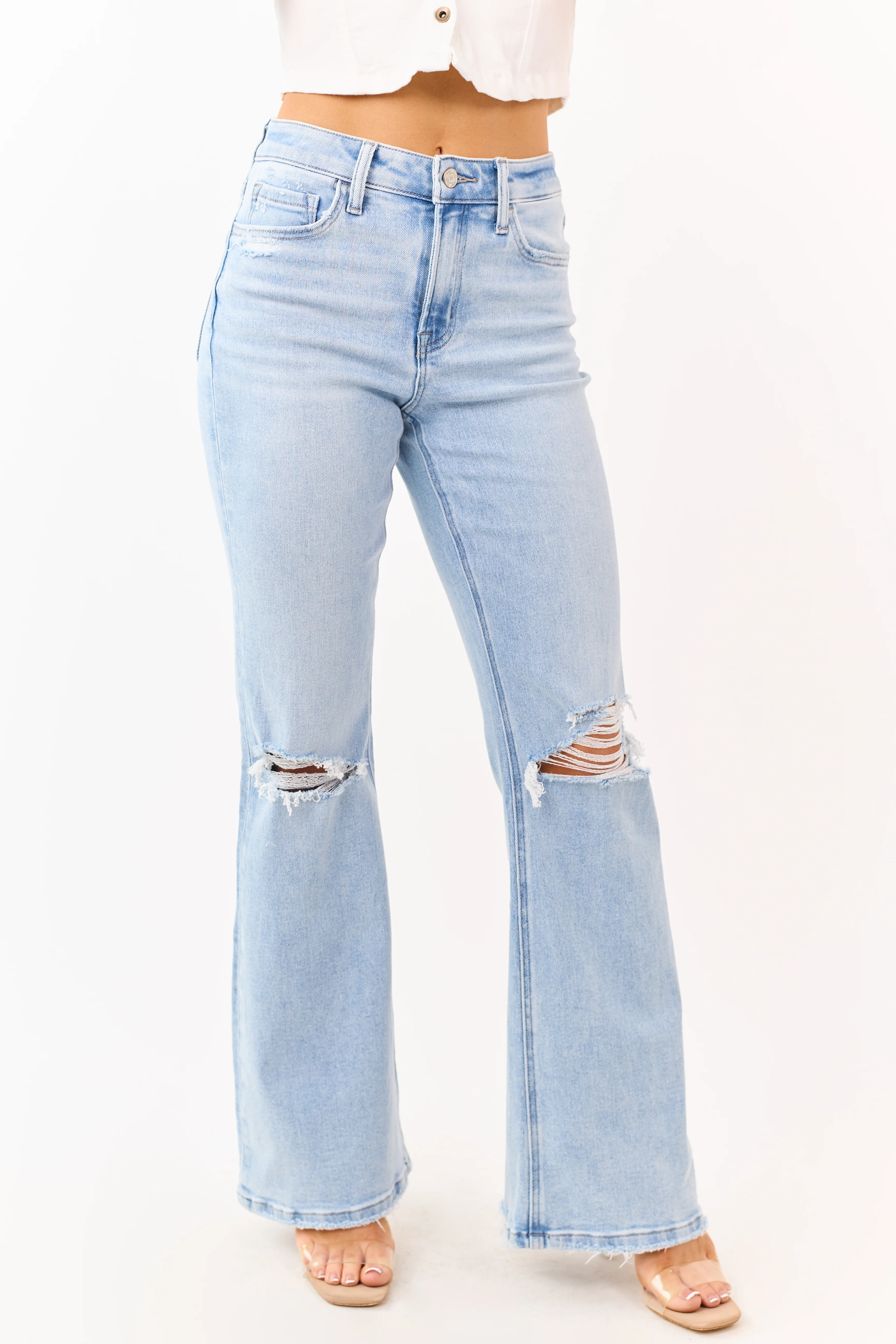 Vervet Light Wash Distressed Stretchy Flare Jeans - Image 2