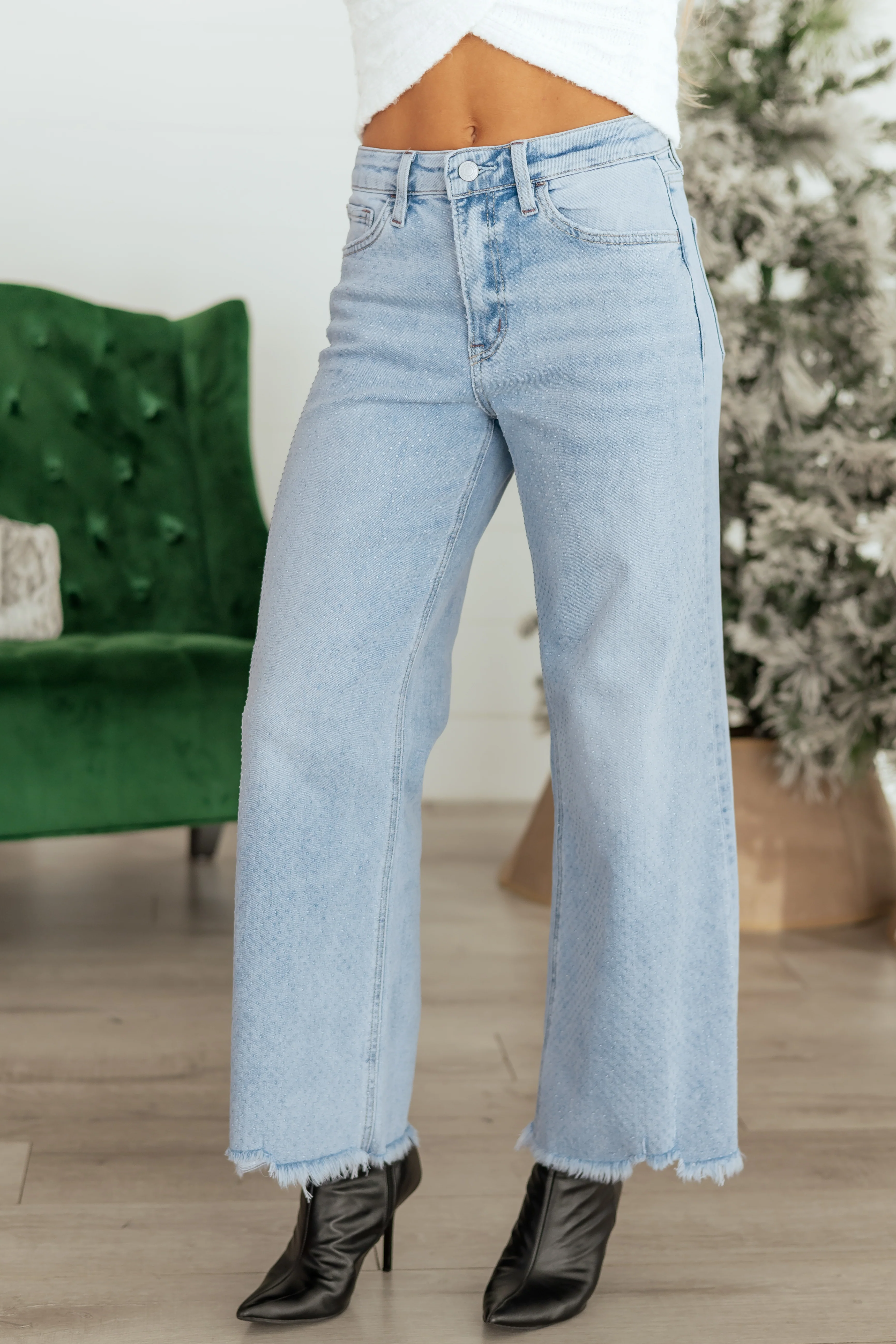 Vervet Light Wash Rhinestone Wide Leg Stretch Jeans - Image 2