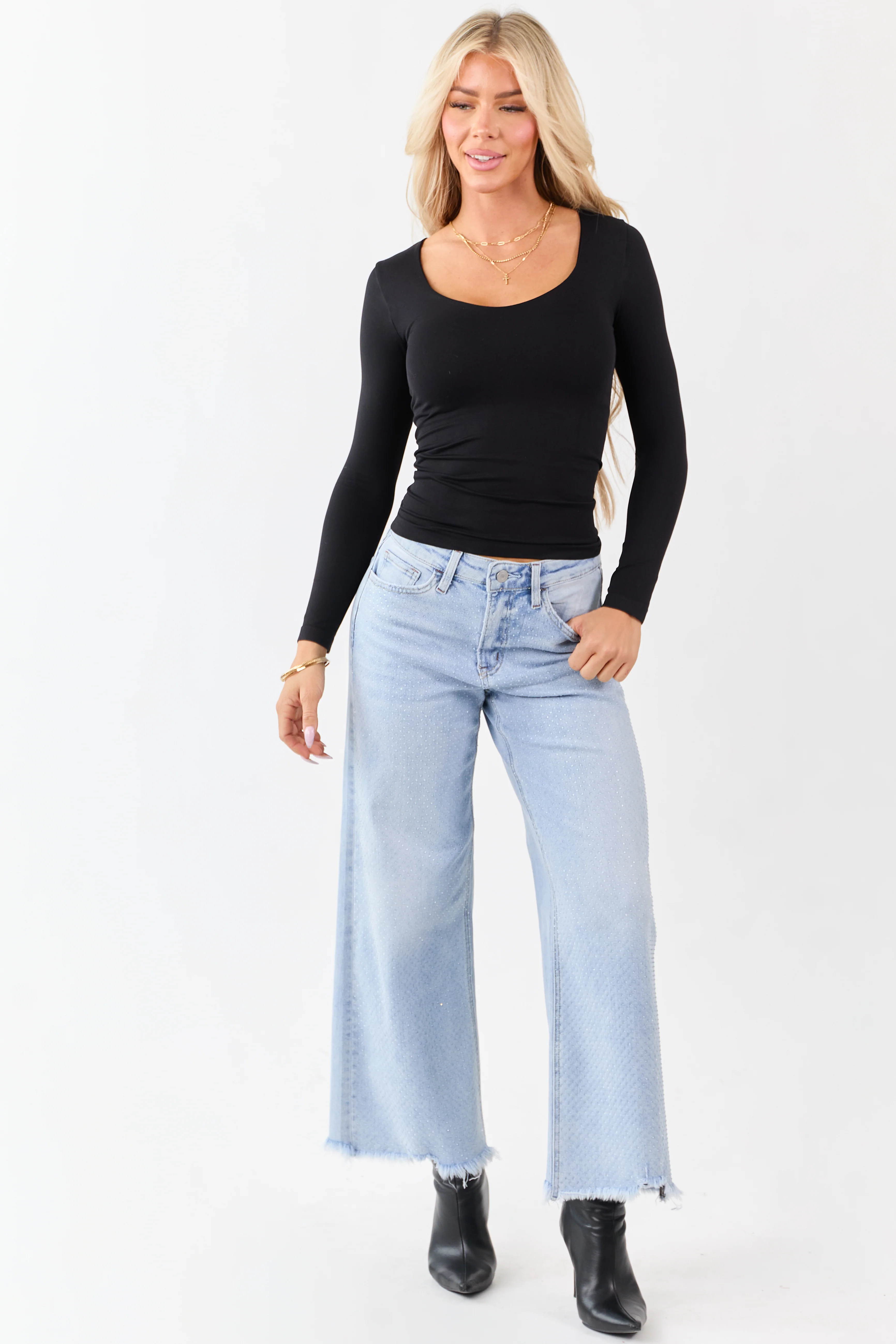 Vervet Light Wash Rhinestone Wide Leg Stretch Jeans - Image 8