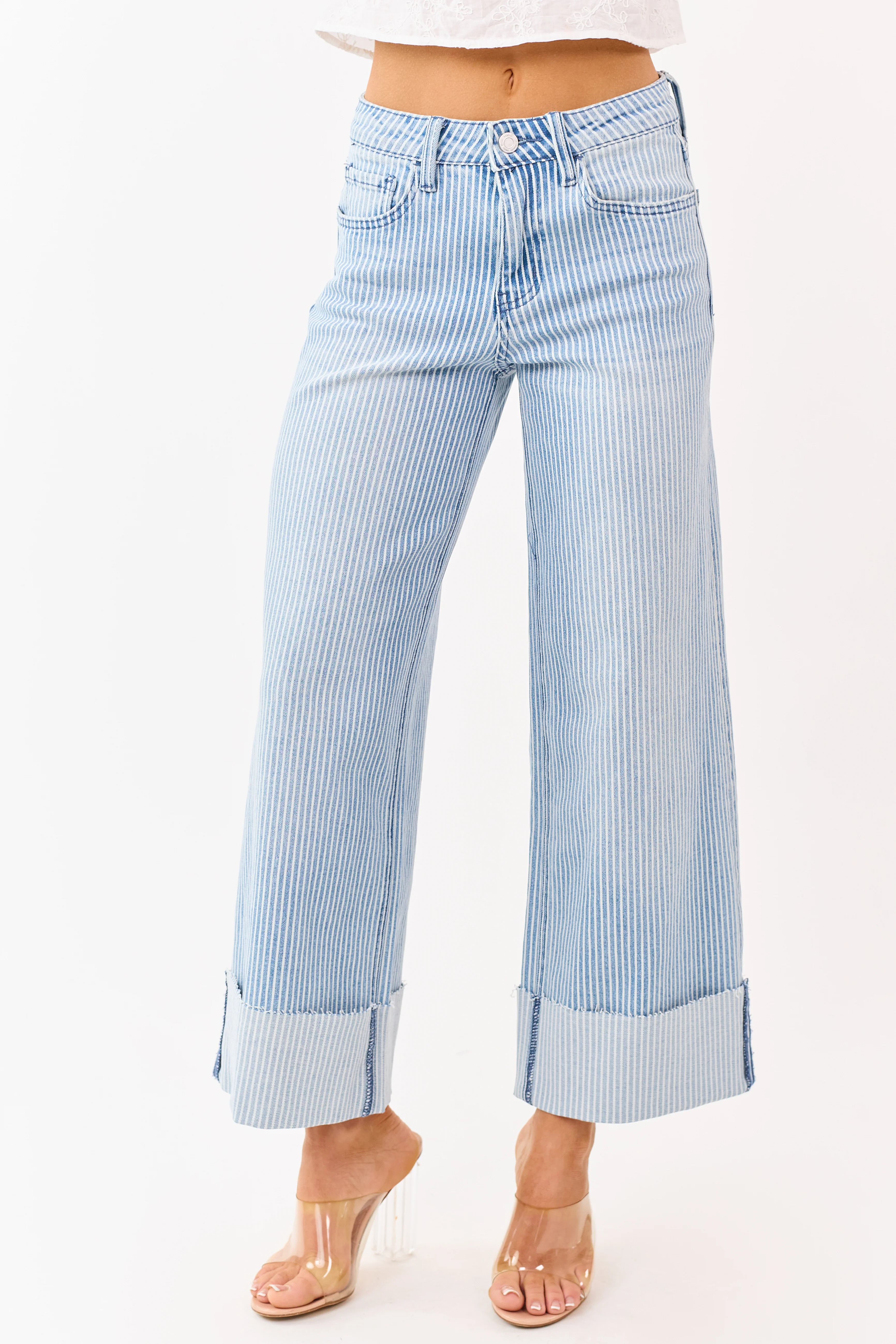 Vervet Light Wash Striped Cuffed Wide Stretch Jeans - Image 3