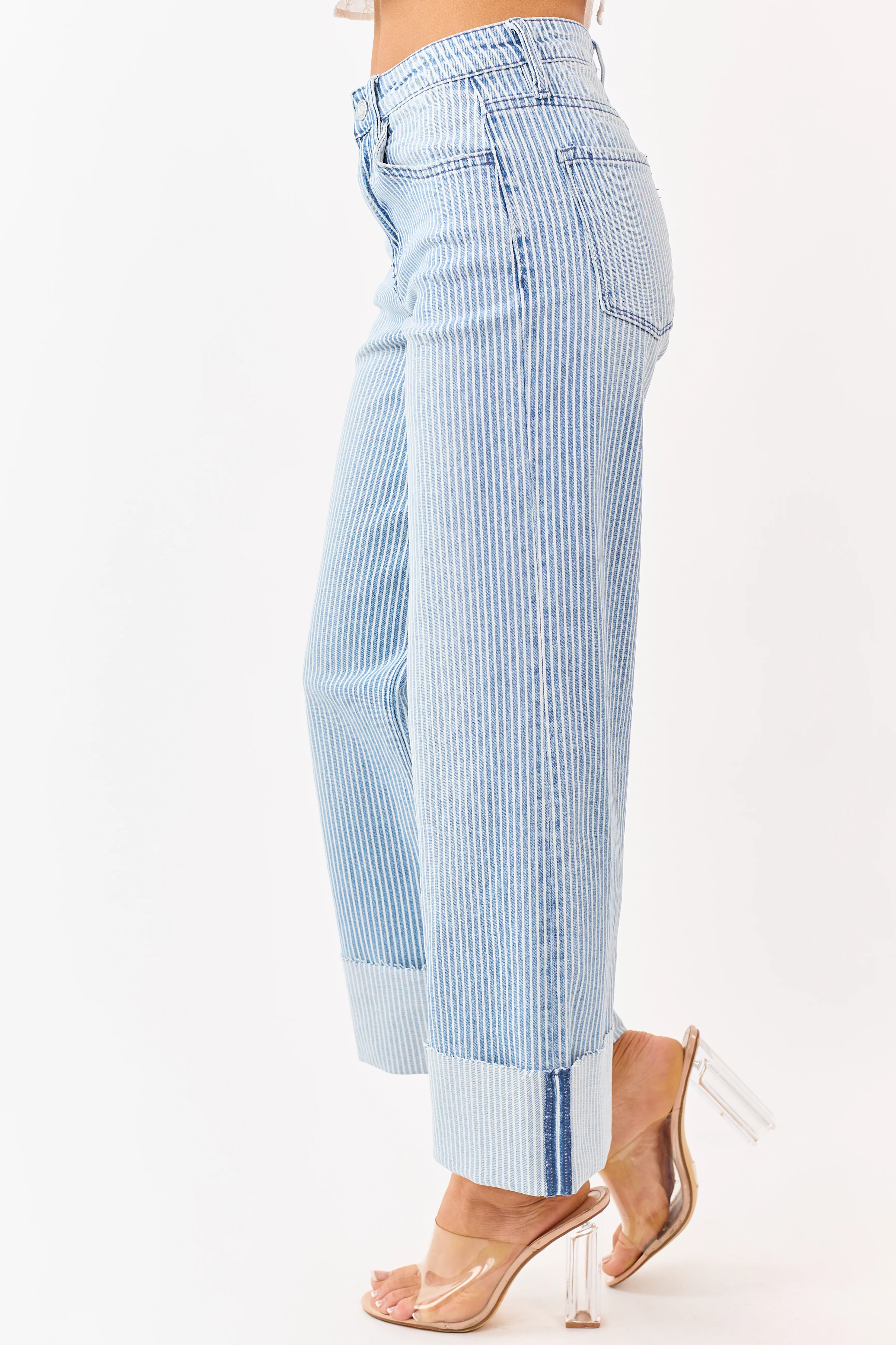 Vervet Light Wash Striped Cuffed Wide Stretch Jeans - Image 5