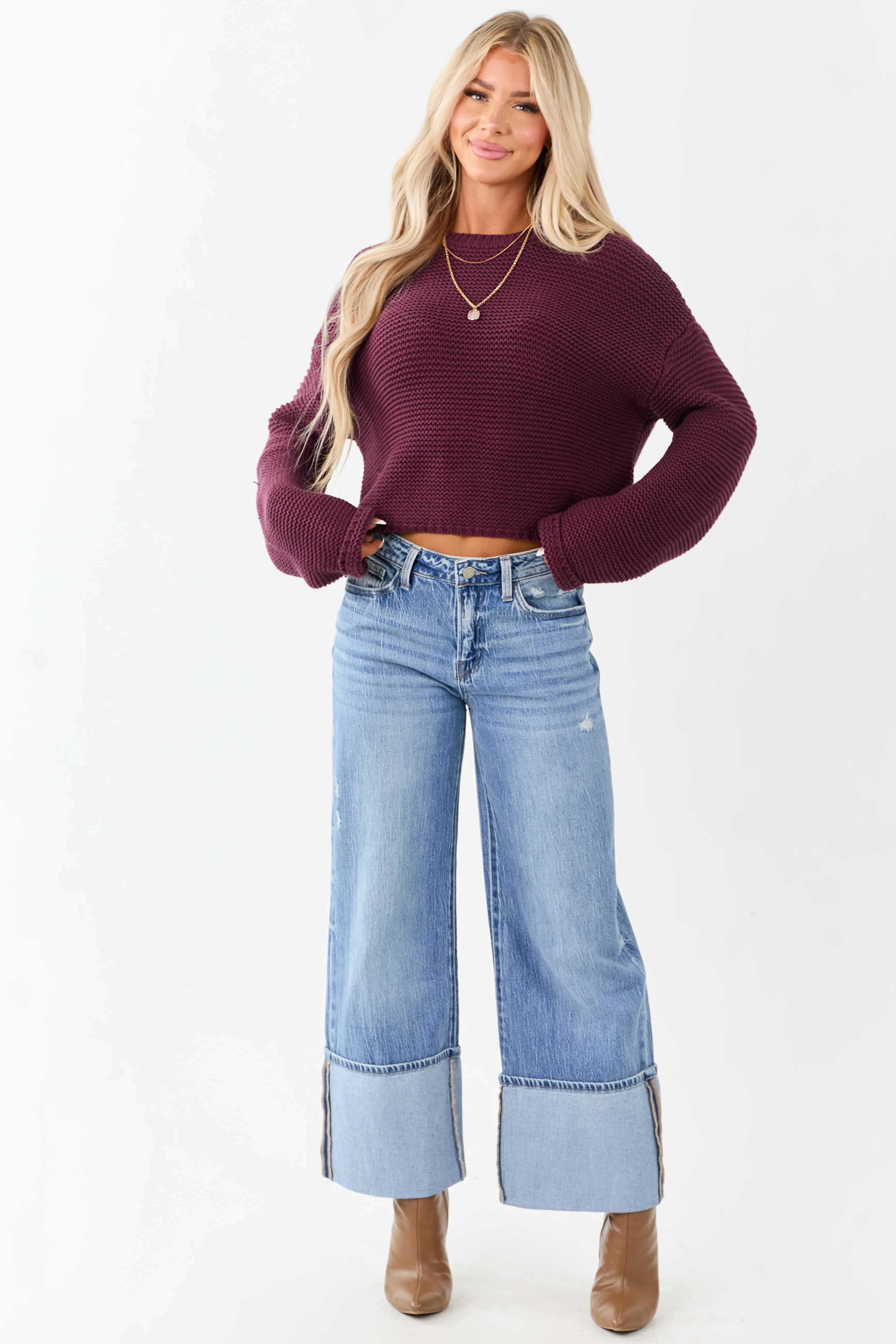 Vervet Medium Wash Cuffed High Rise Wide Leg Jeans - Image 2