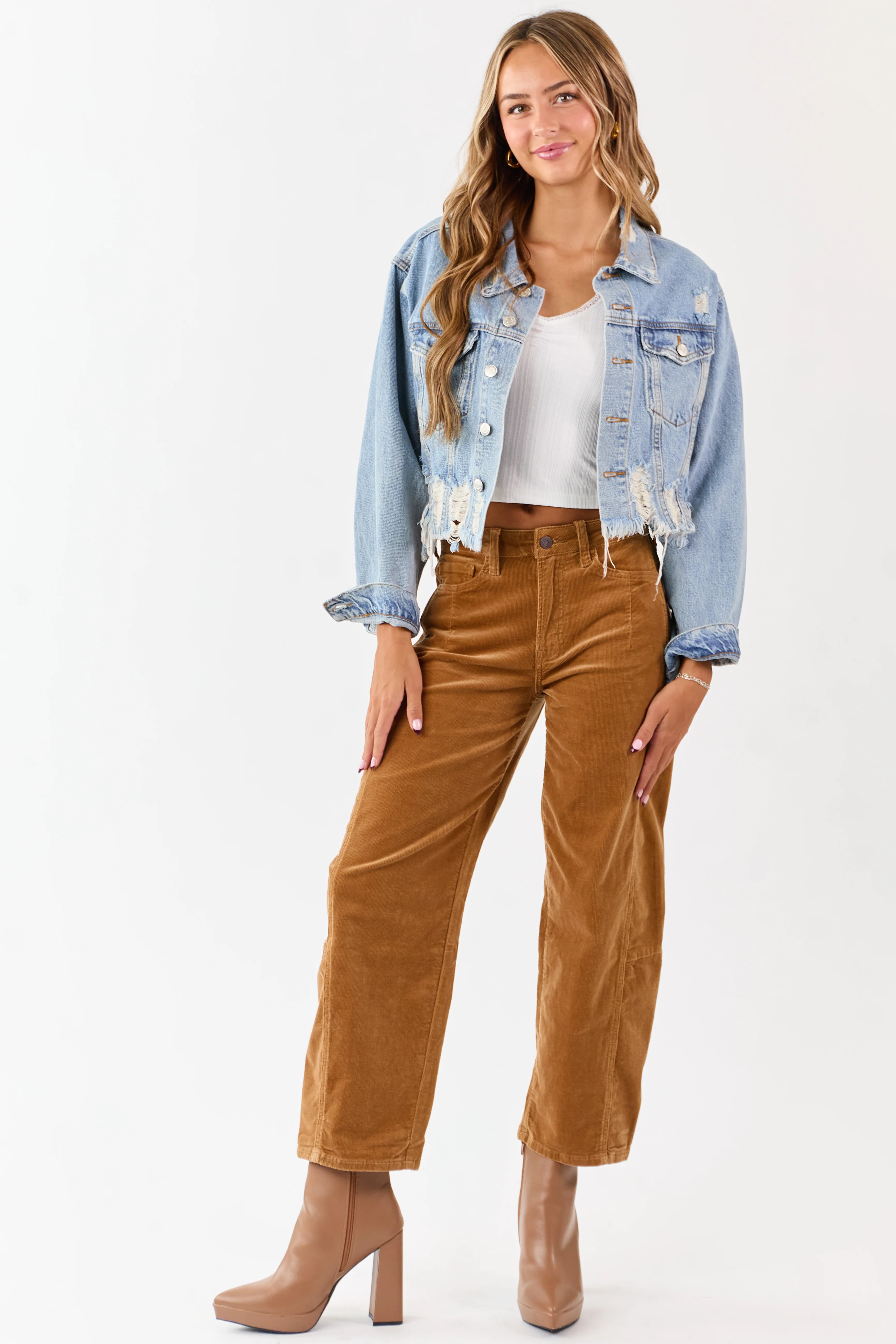 Vervet Peanut Corduroy High Rise Crop Barrel Pants - Image 2
