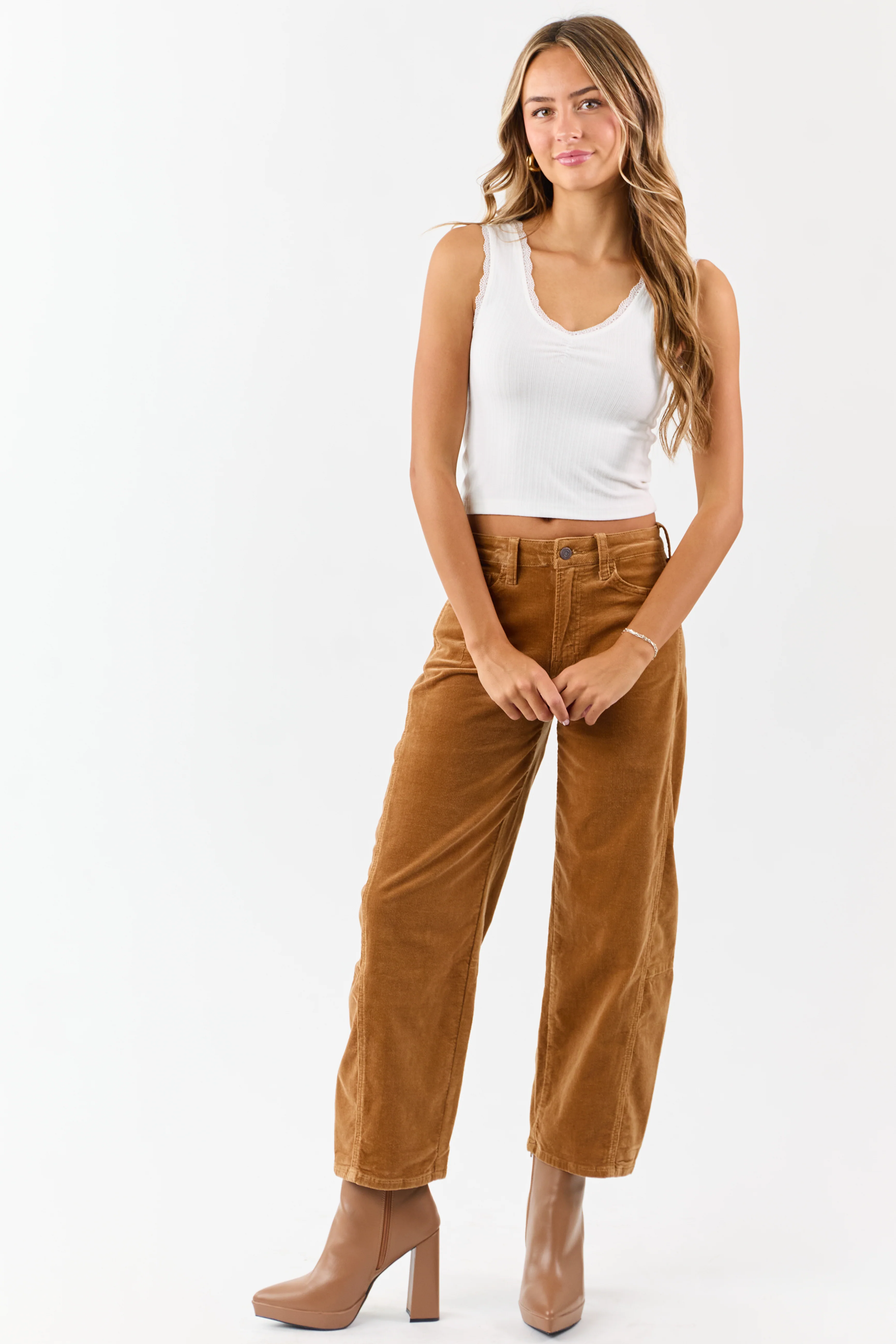 Vervet Peanut Corduroy High Rise Crop Barrel Pants - Image 3