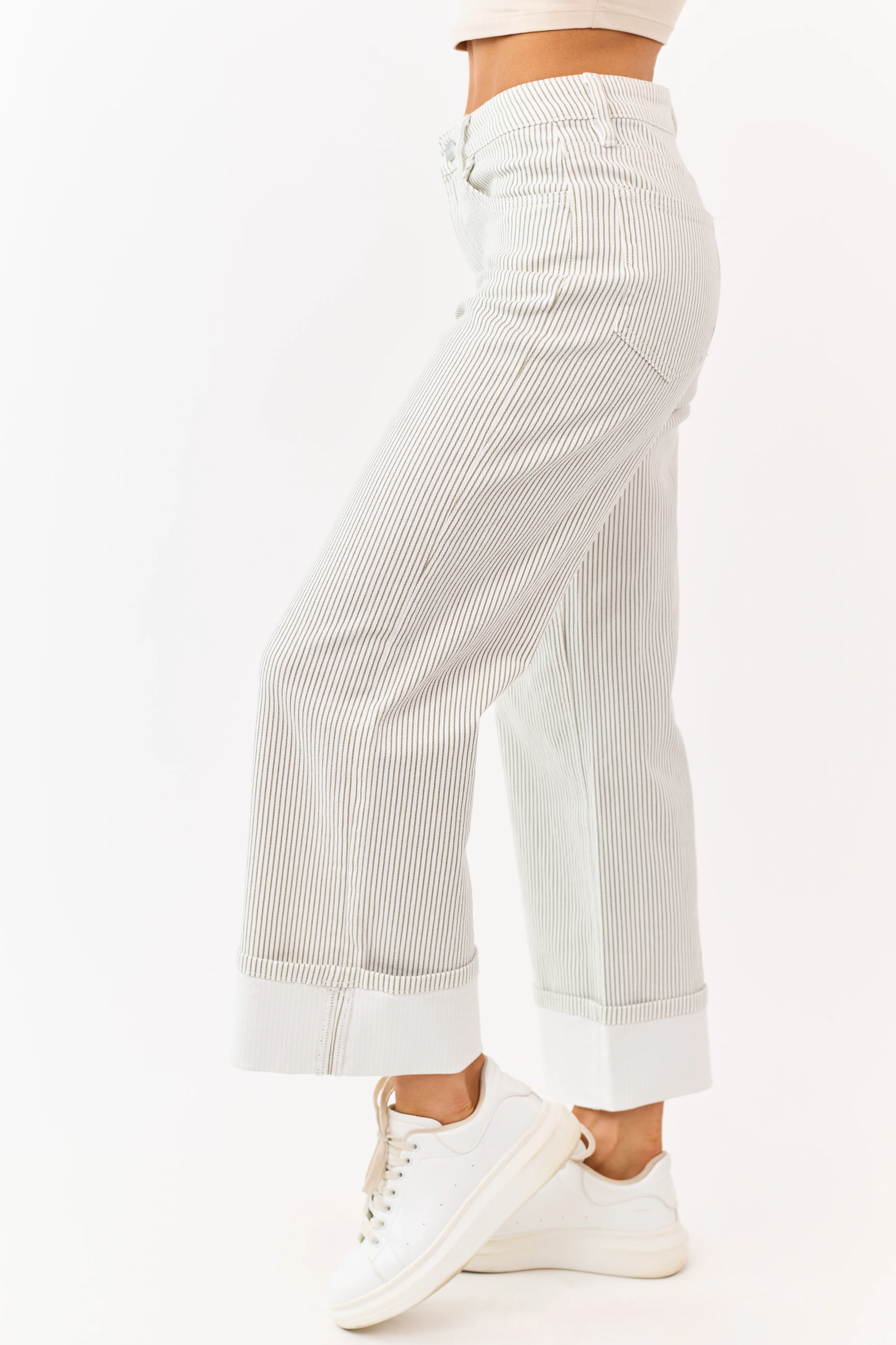 Vervet White Striped Cuffed Wide Leg Stretchy Jeans - Image 3
