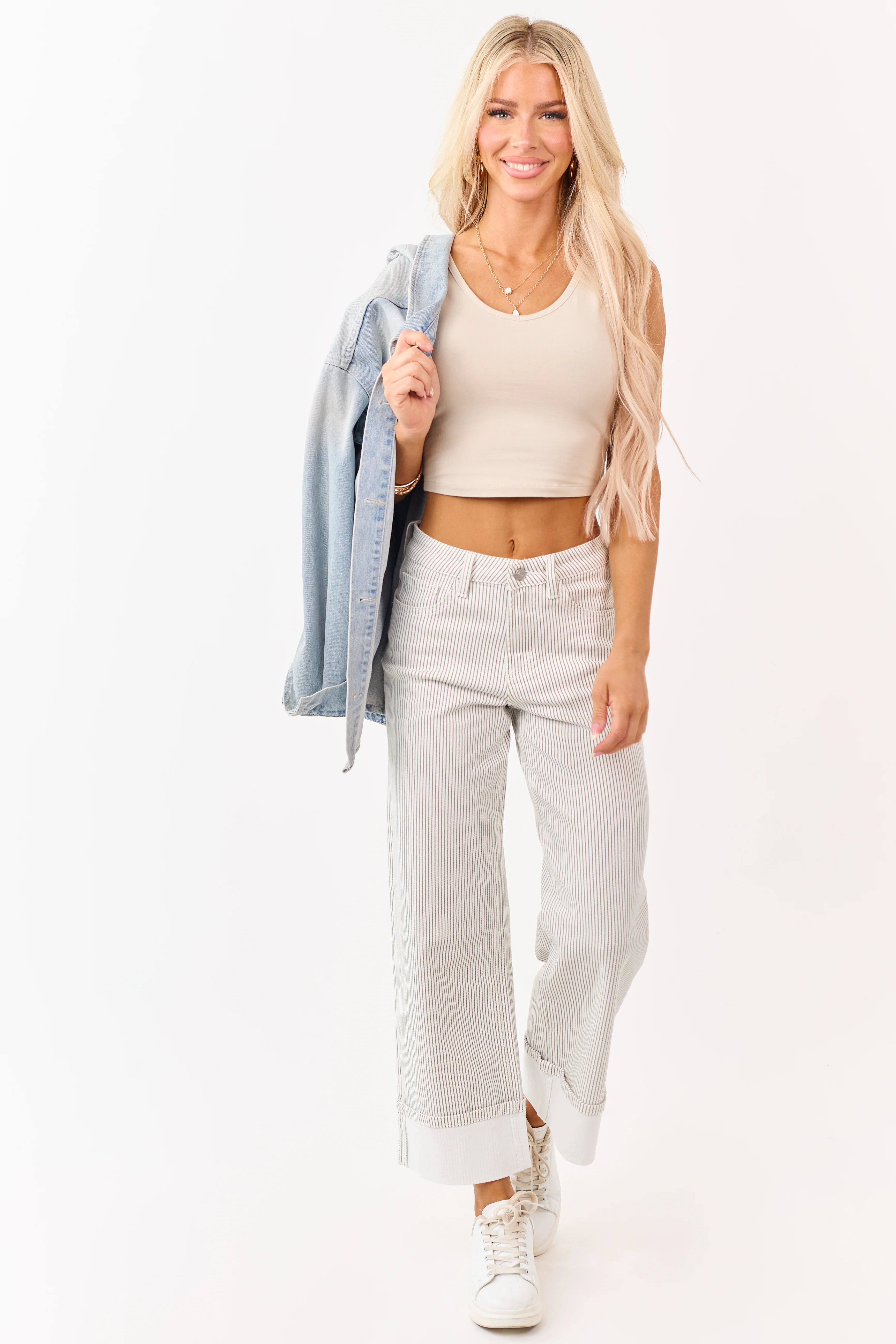 Vervet White Striped Cuffed Wide Leg Stretchy Jeans - Image 6