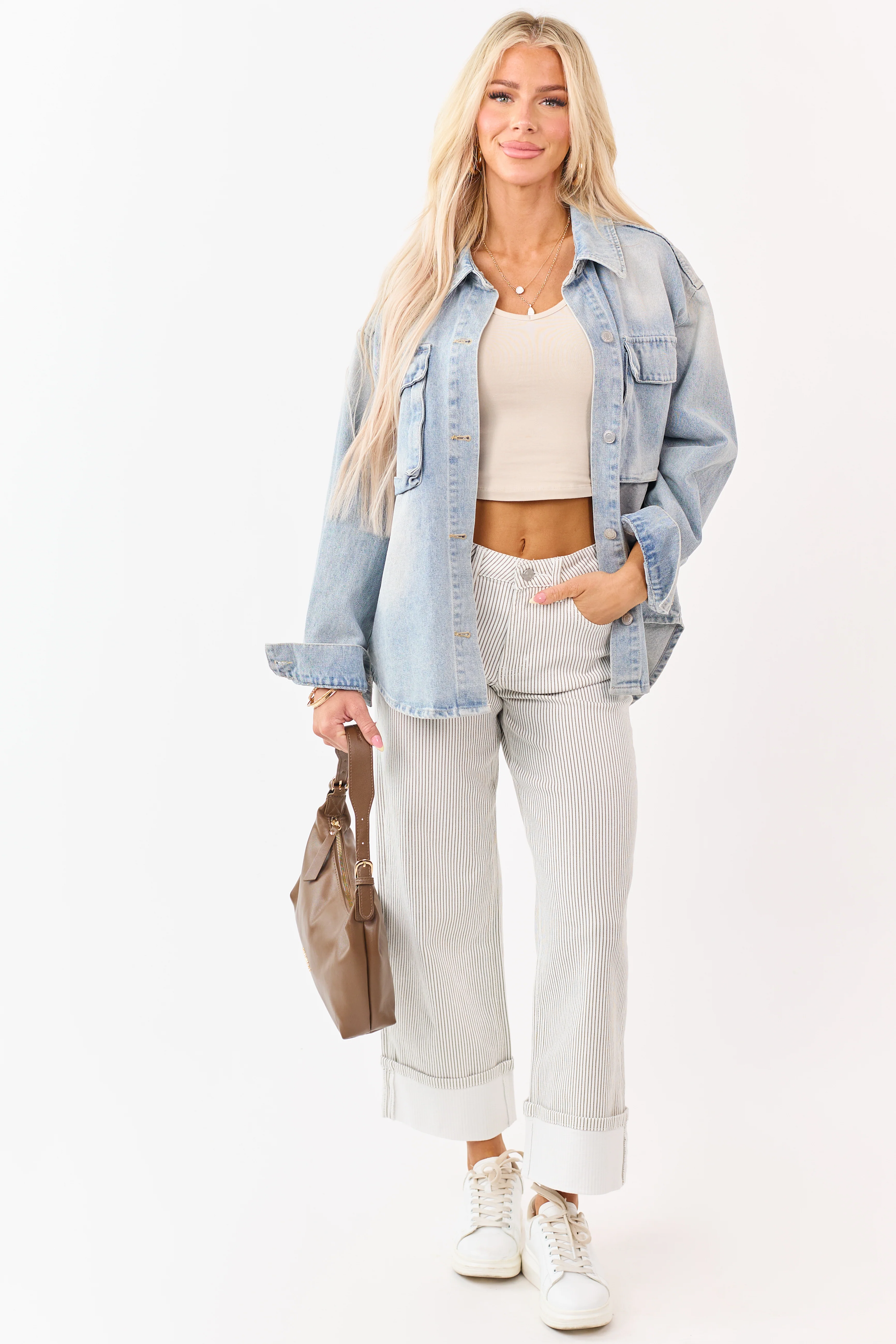 Vervet White Striped Cuffed Wide Leg Stretchy Jeans - Image 7