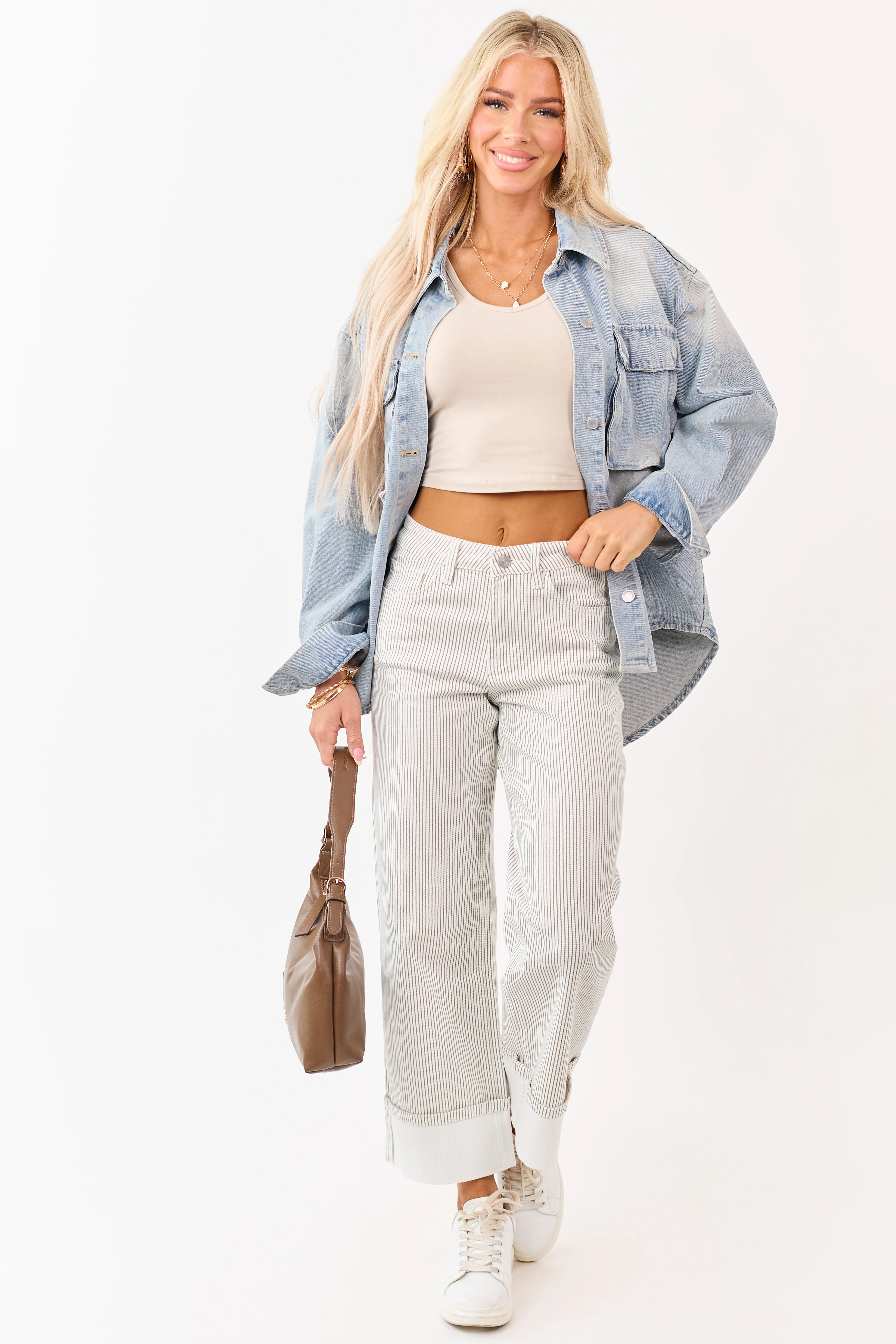 Vervet White Striped Cuffed Wide Leg Stretchy Jeans - Image 8