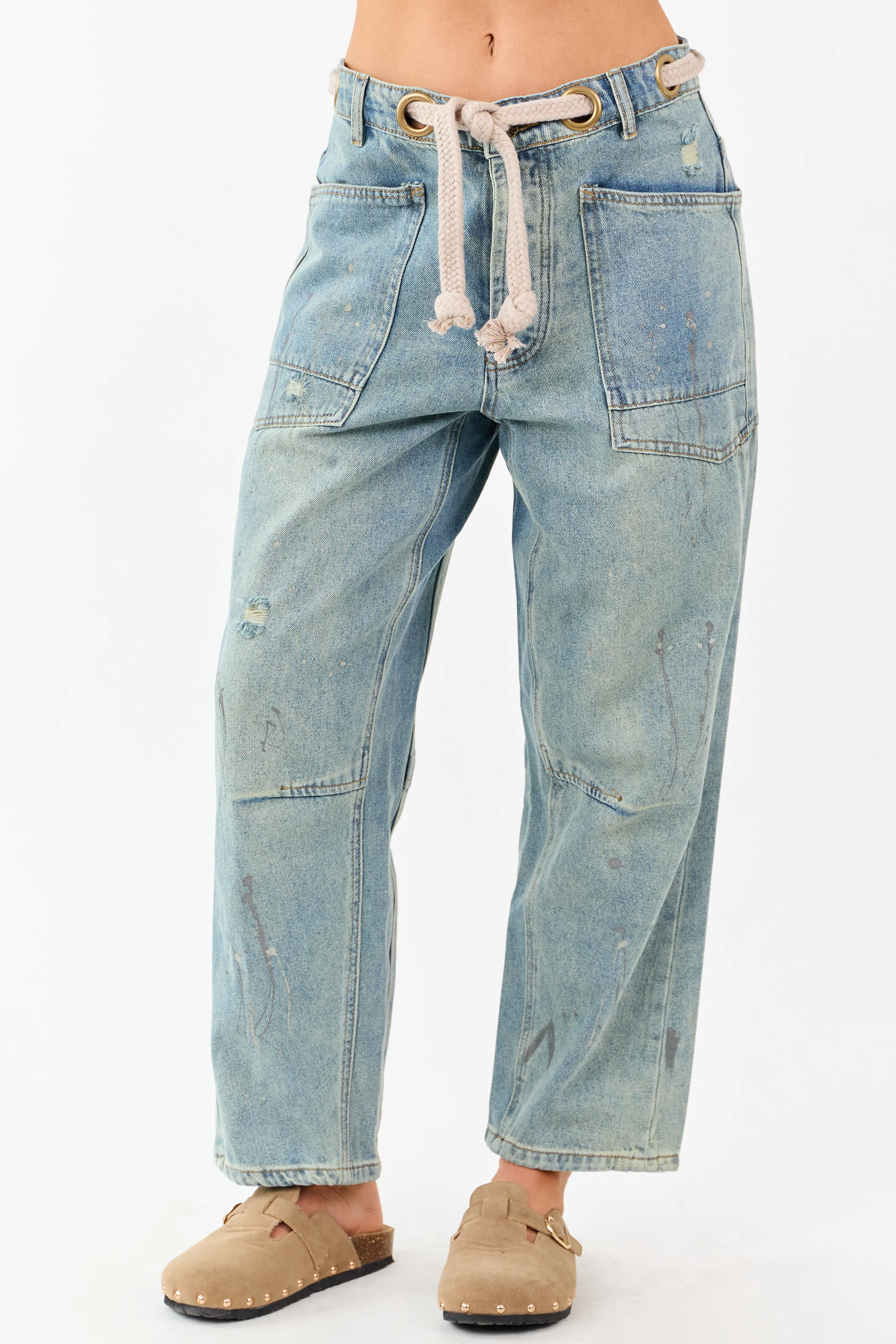 Vintage Wash Paint Drip Tapered Wide Leg Denim Pants - Image 2