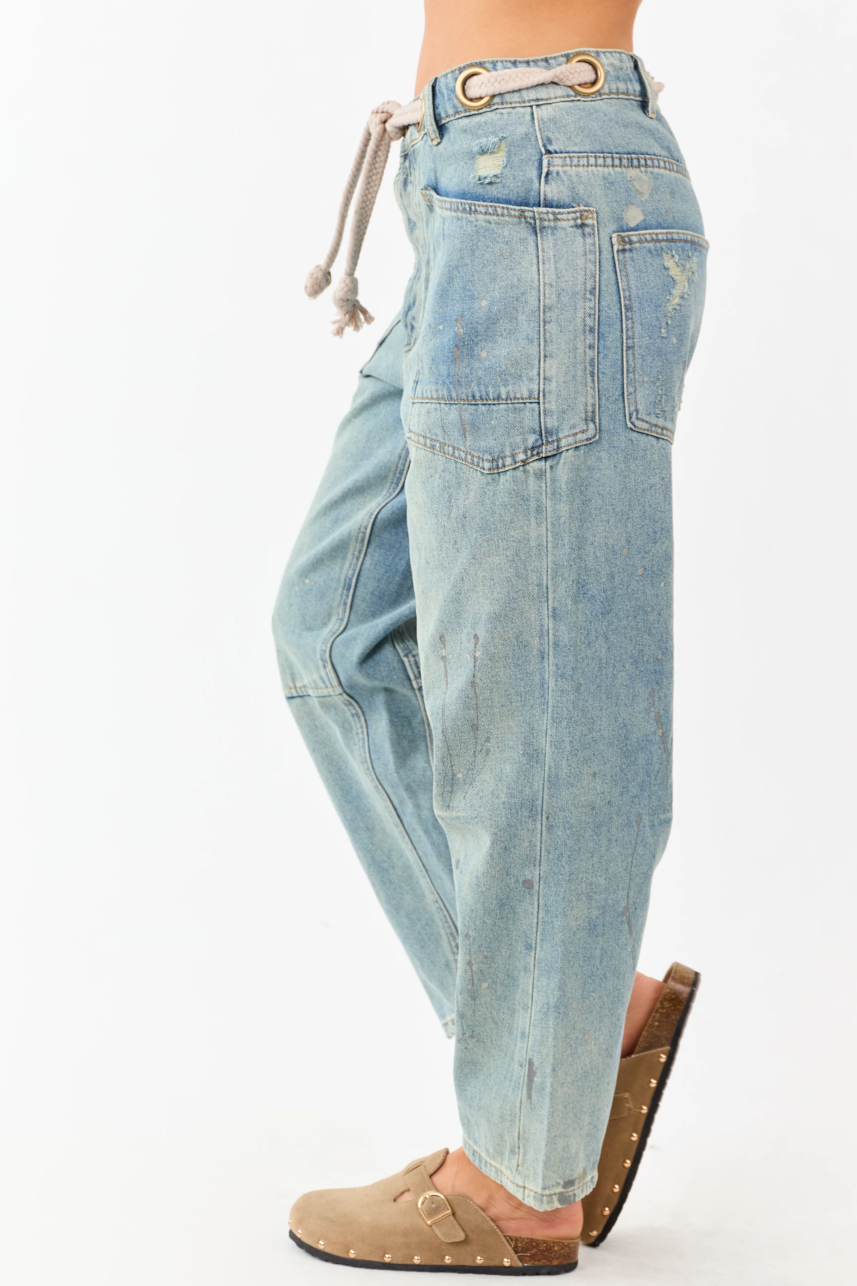 Vintage Wash Paint Drip Tapered Wide Leg Denim Pants - Image 4