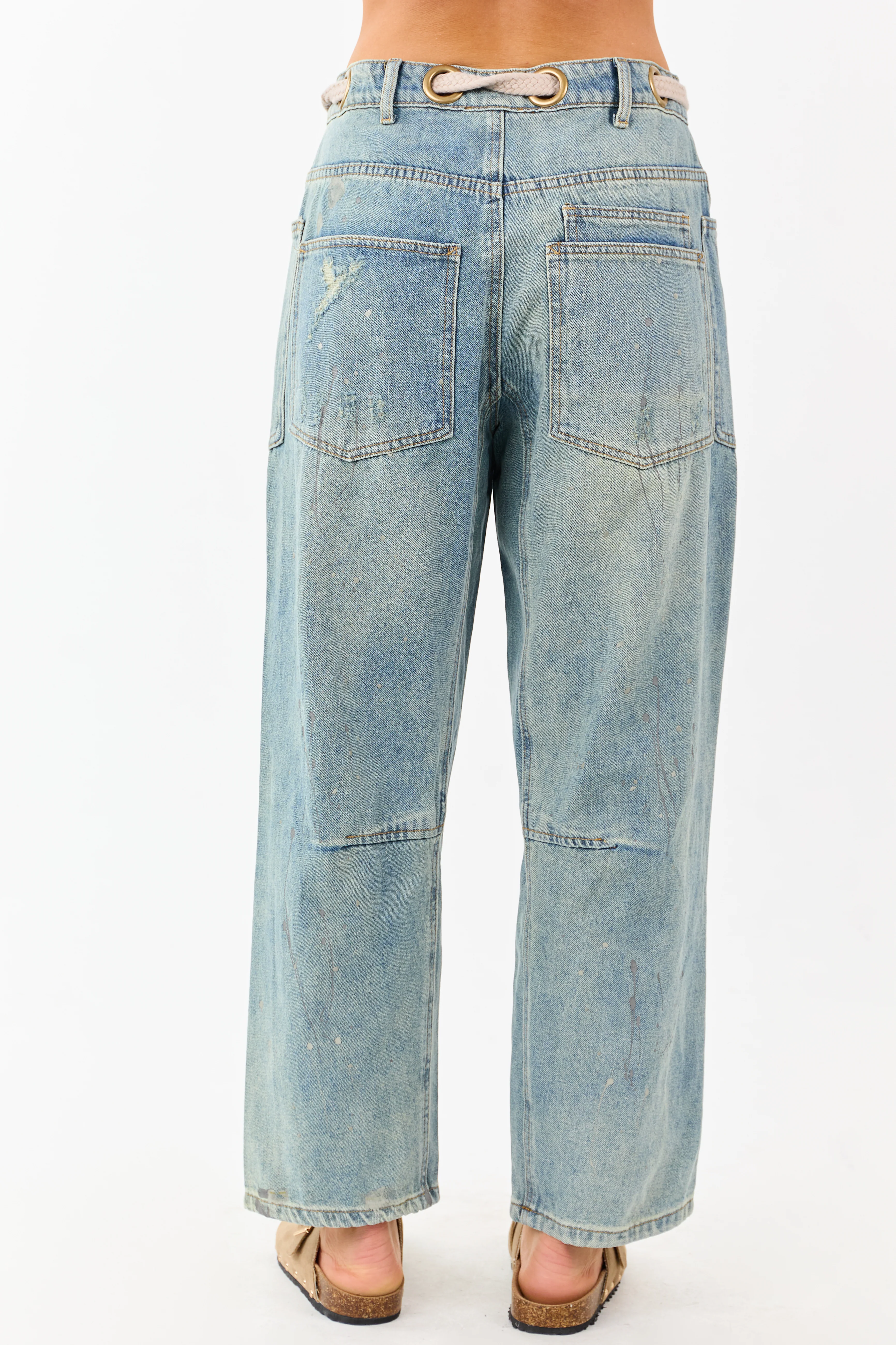 Vintage Wash Paint Drip Tapered Wide Leg Denim Pants - Image 5