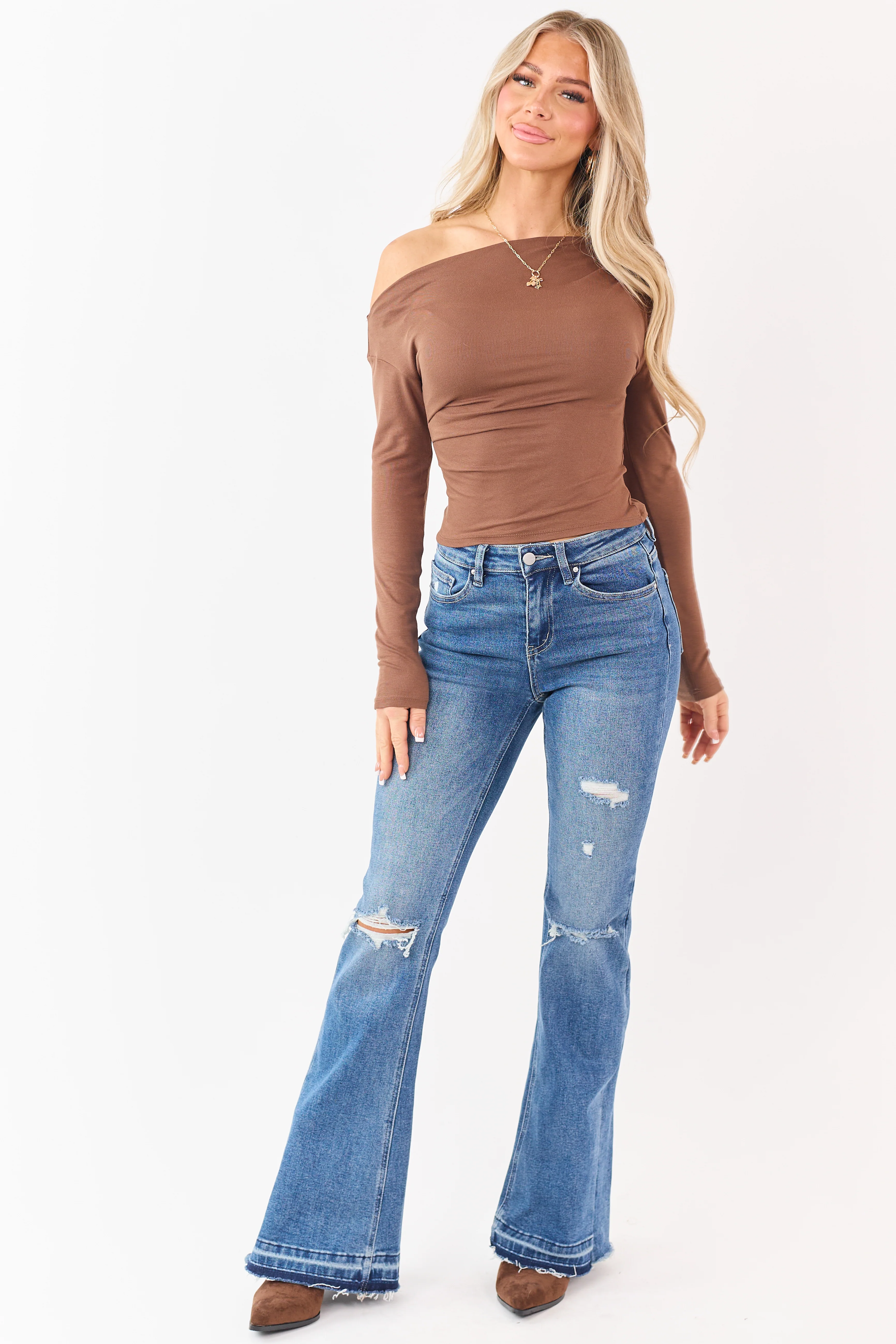 Walnut Asymmetrical One Shoulder Long Sleeve Top - Image 2