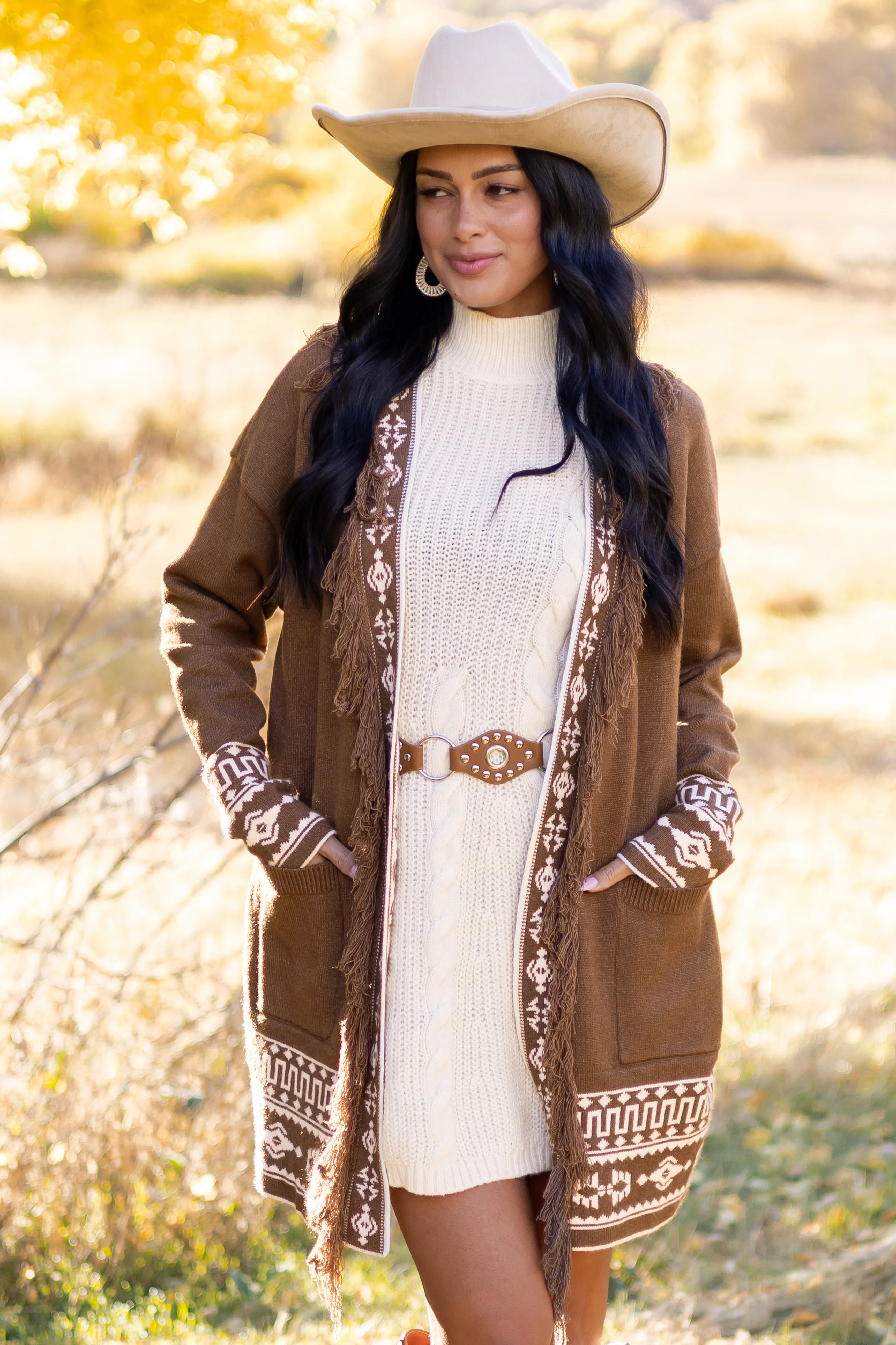 Walnut Aztec Print Fringe Trim Waist Tie Cardigan - Image 2