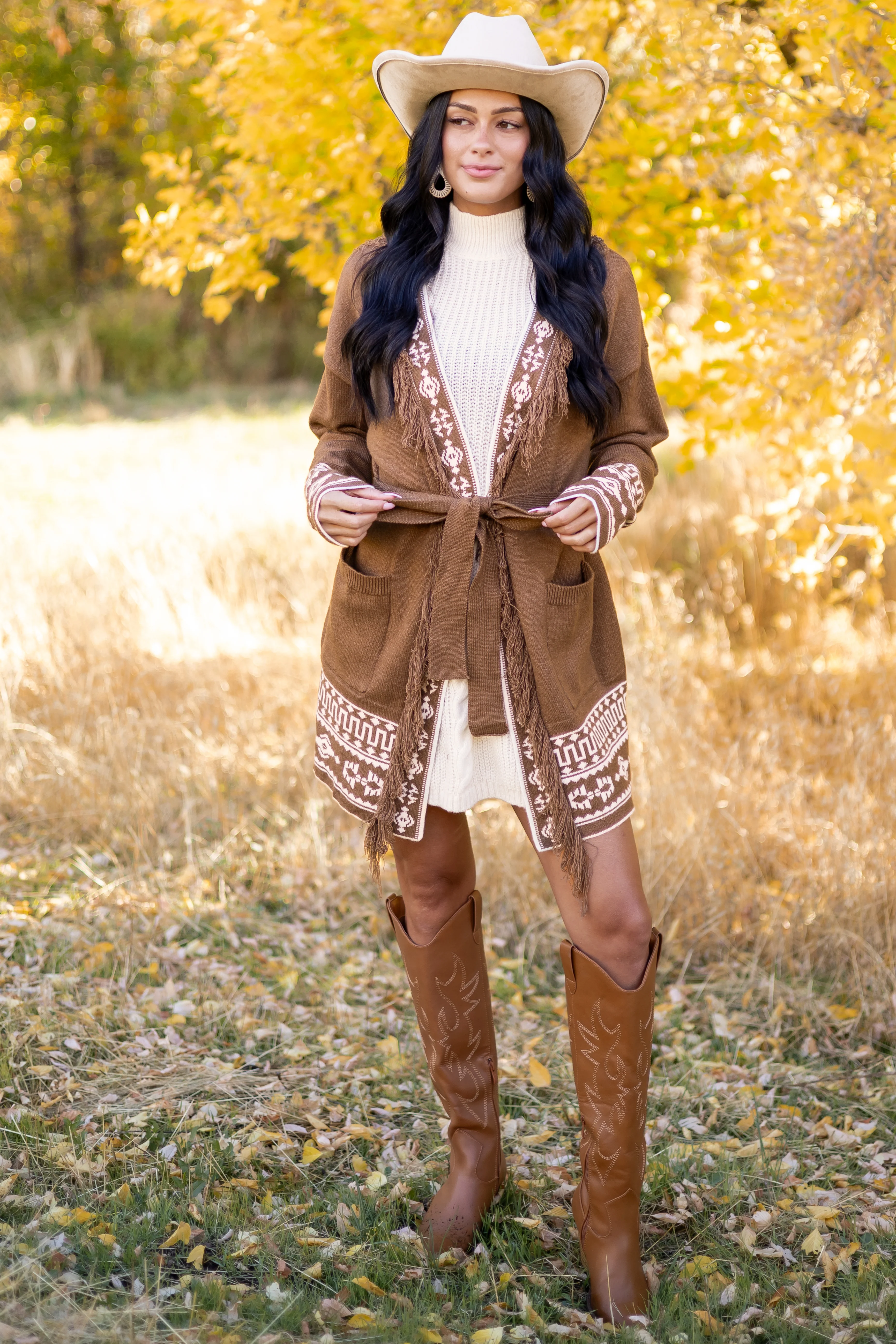 Walnut Aztec Print Fringe Trim Waist Tie Cardigan - Image 3