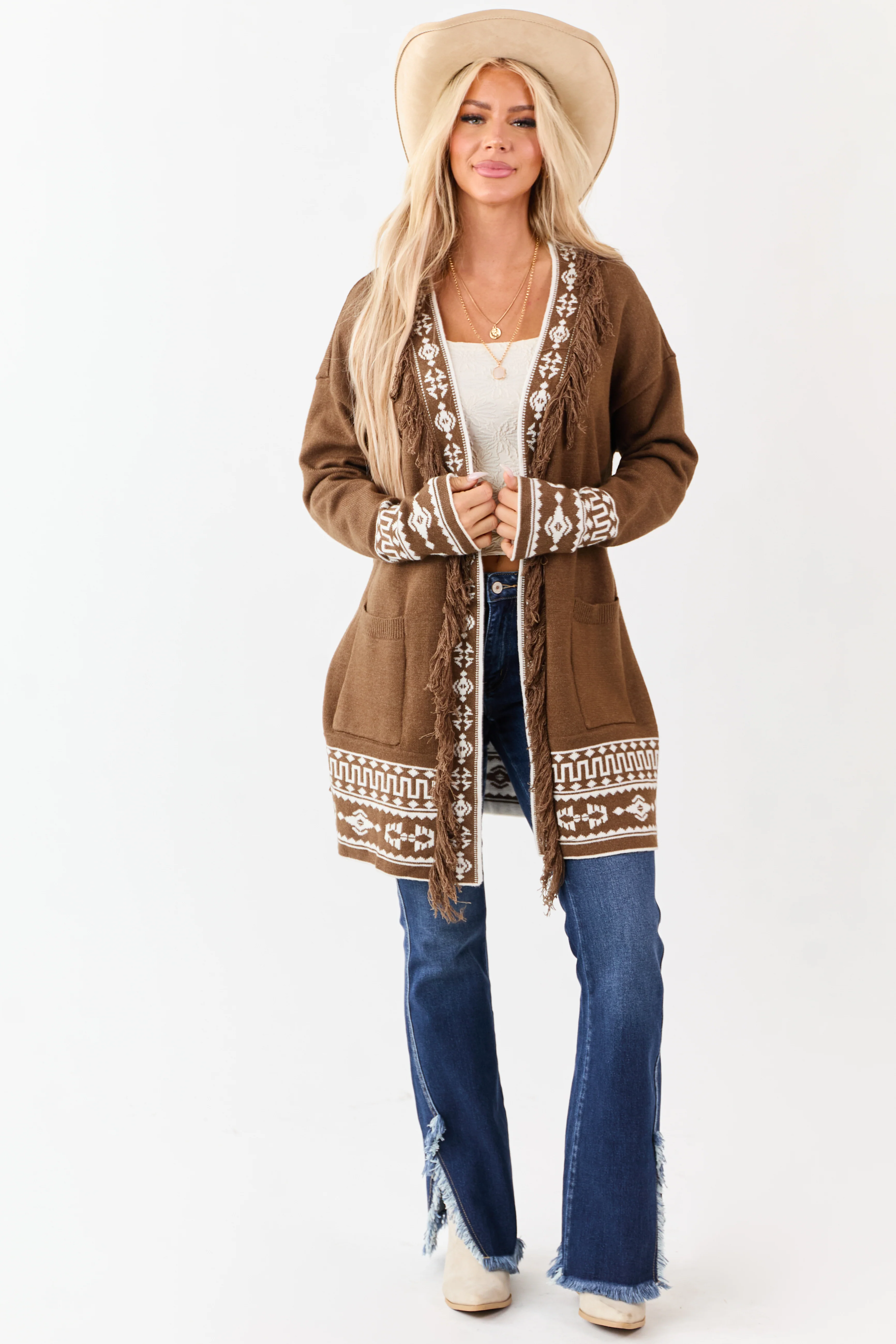 Walnut Aztec Print Fringe Trim Waist Tie Cardigan - Image 6
