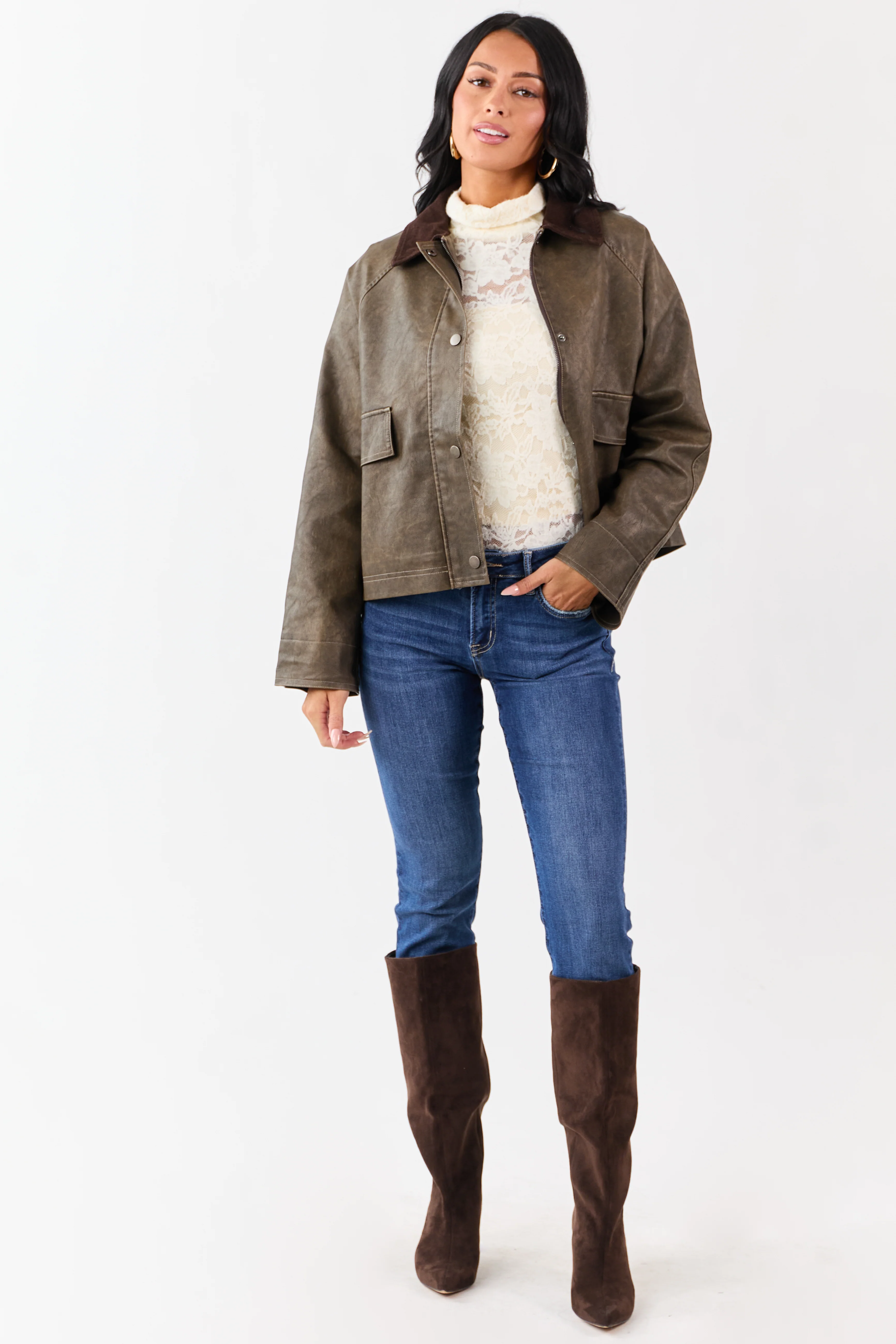 Walnut Faux Leather Corduroy Collar Zip Up Jacket - Image 2