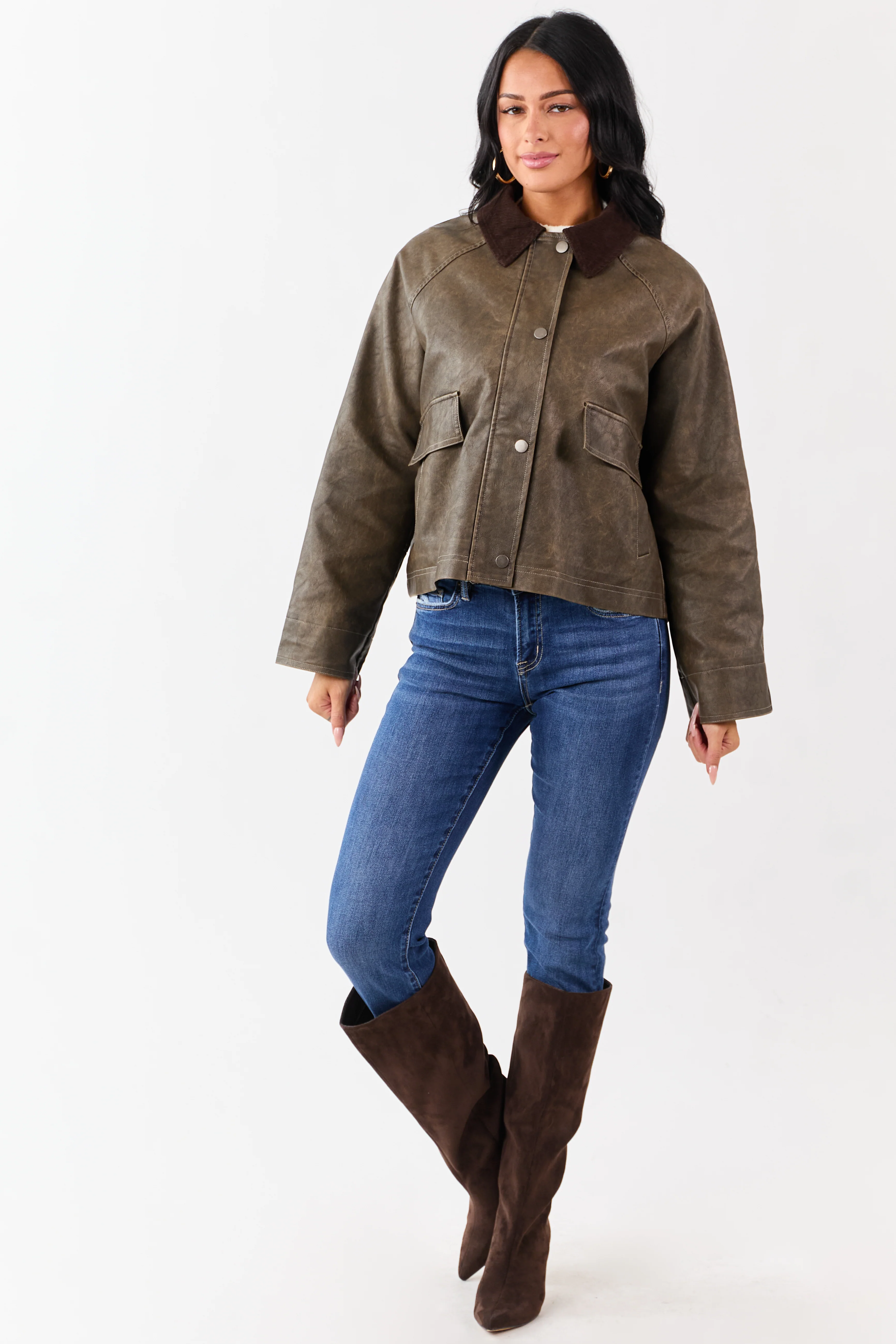 Walnut Faux Leather Corduroy Collar Zip Up Jacket - Image 3