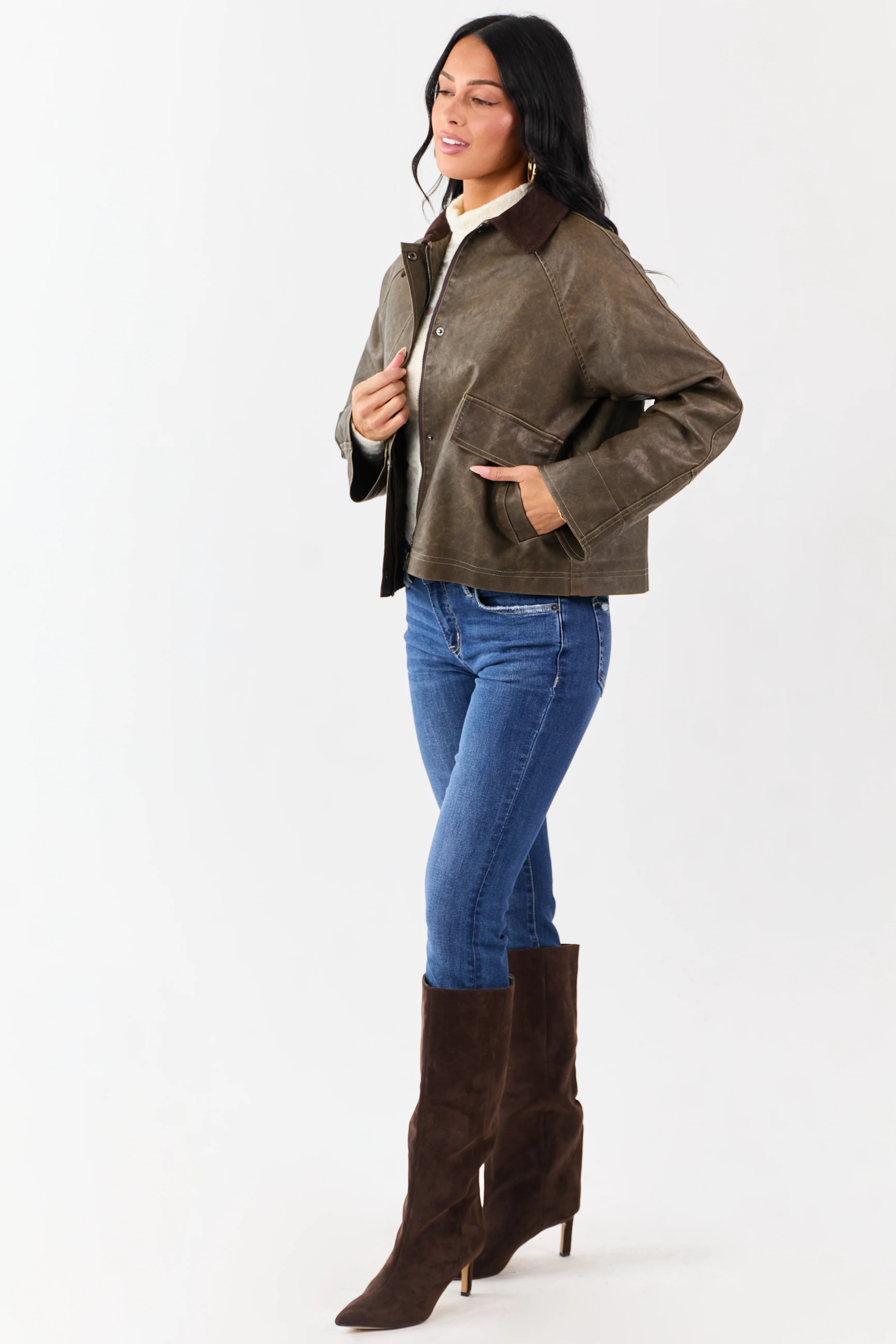 Walnut Faux Leather Corduroy Collar Zip Up Jacket - Image 4